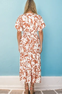 Charis Midi Dress - Pull In V Neckline Dress With Cap Balloon Sleeves In Rust><noscript><img width=