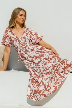 Charis Midi Dress - Pull In V Neckline Dress With Cap Balloon Sleeves In Rust><noscript><img width=