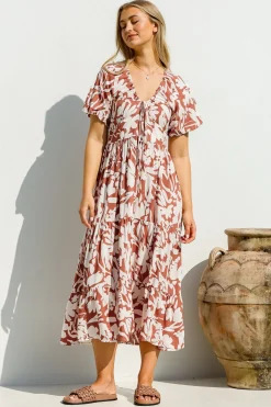 Charis Midi Dress - Pull In V Neckline Dress With Cap Balloon Sleeves In Rust><noscript><img width=