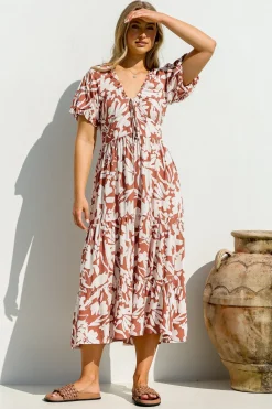 Charis Midi Dress - Pull In V Neckline Dress With Cap Balloon Sleeves In Rust><noscript><img width=