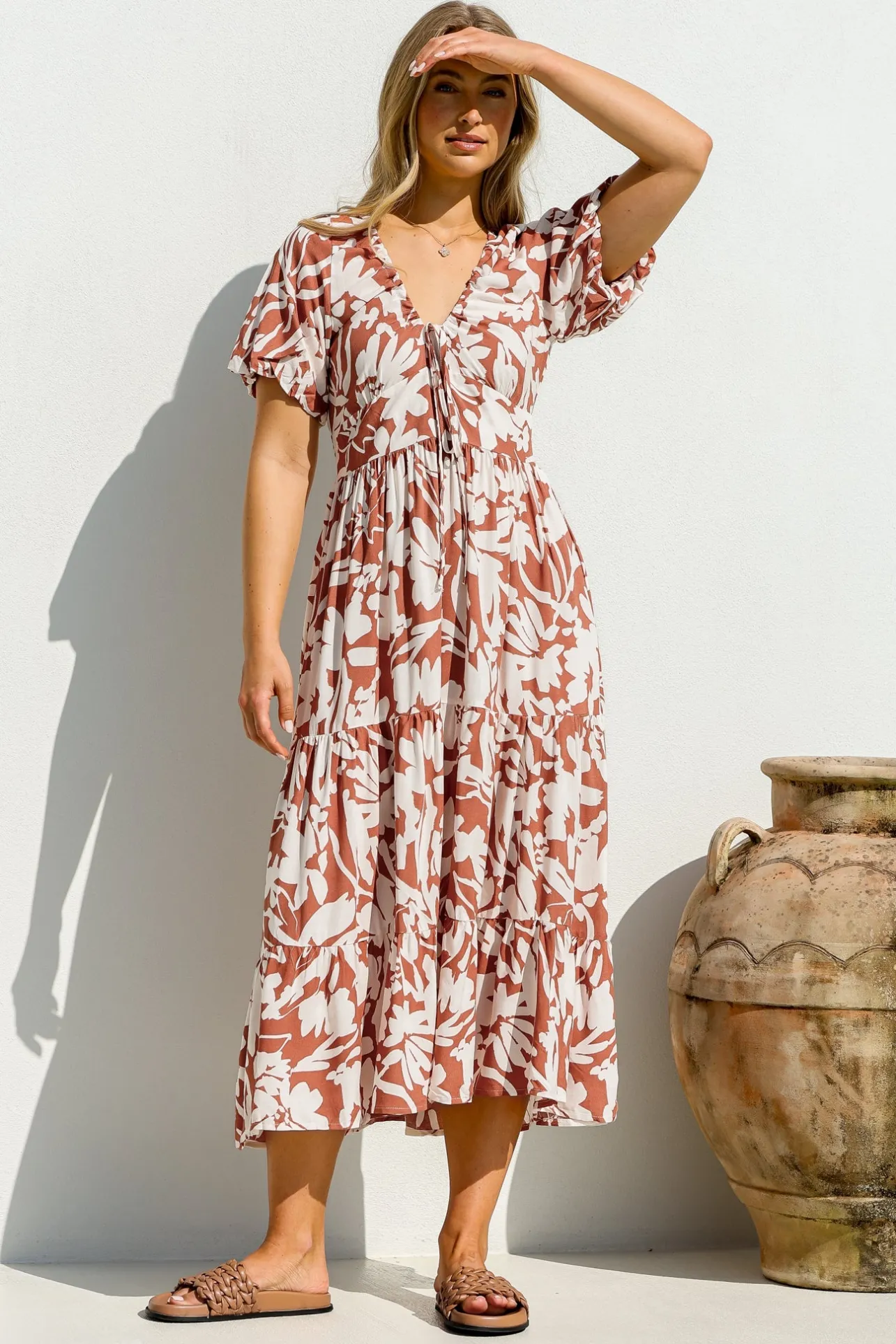 Charis Midi Dress - Pull In V Neckline Dress With Cap Balloon Sleeves In Rust>Salty Crush Sale