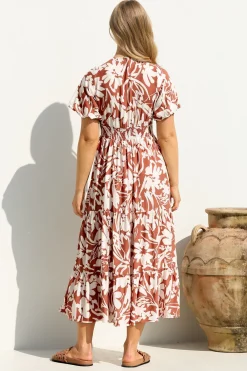 Charis Midi Dress - Pull In V Neckline Dress With Cap Balloon Sleeves In Rust><noscript><img width=