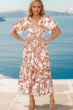 Charis Midi Dress - Pull In V Neckline Dress With Cap Balloon Sleeves In Rust><noscript><img width=
