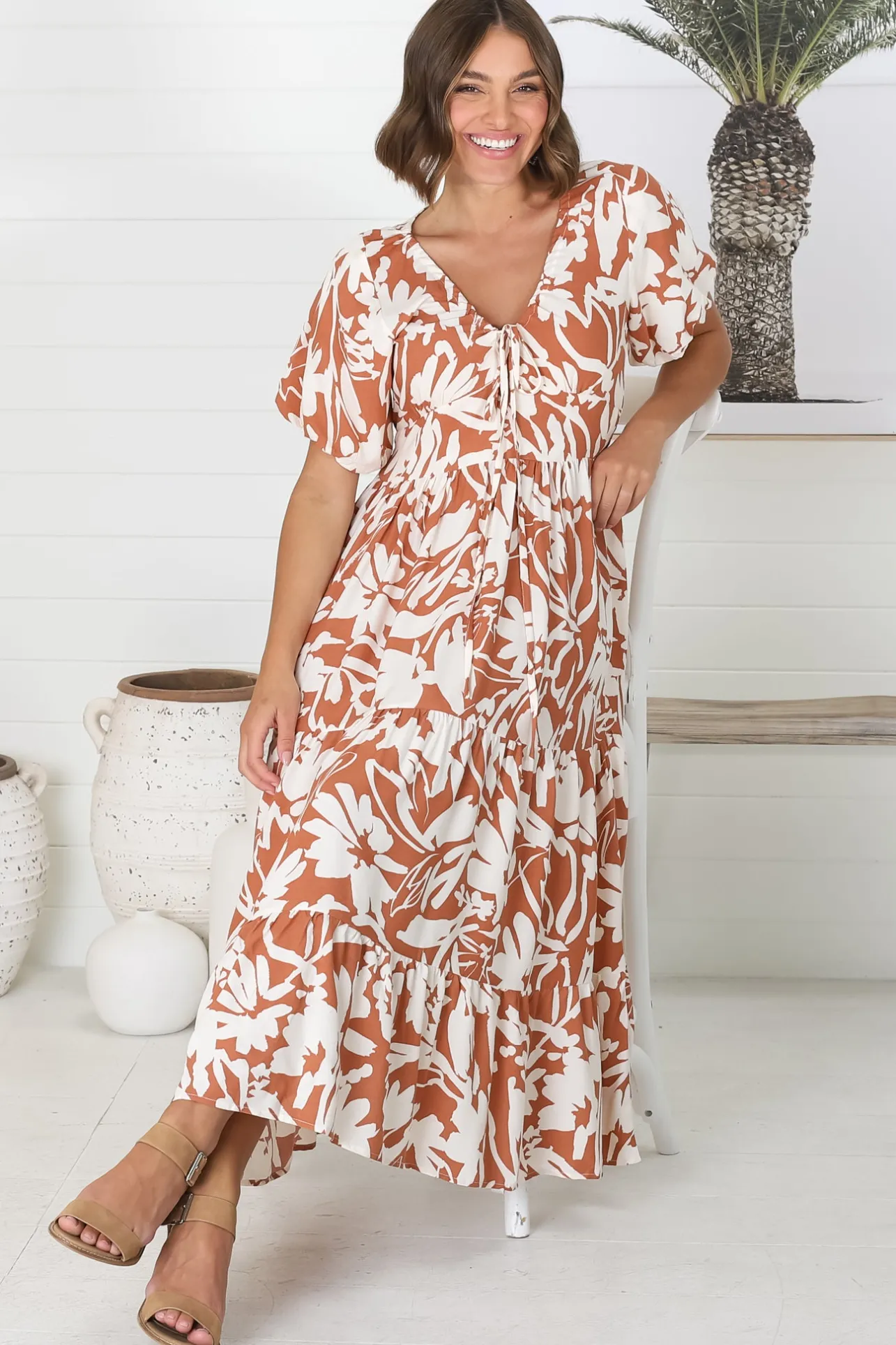 Charis Midi Dress - Pull In V Neckline Dress With Cap Balloon Sleeves In Rust>Salty Crush Sale