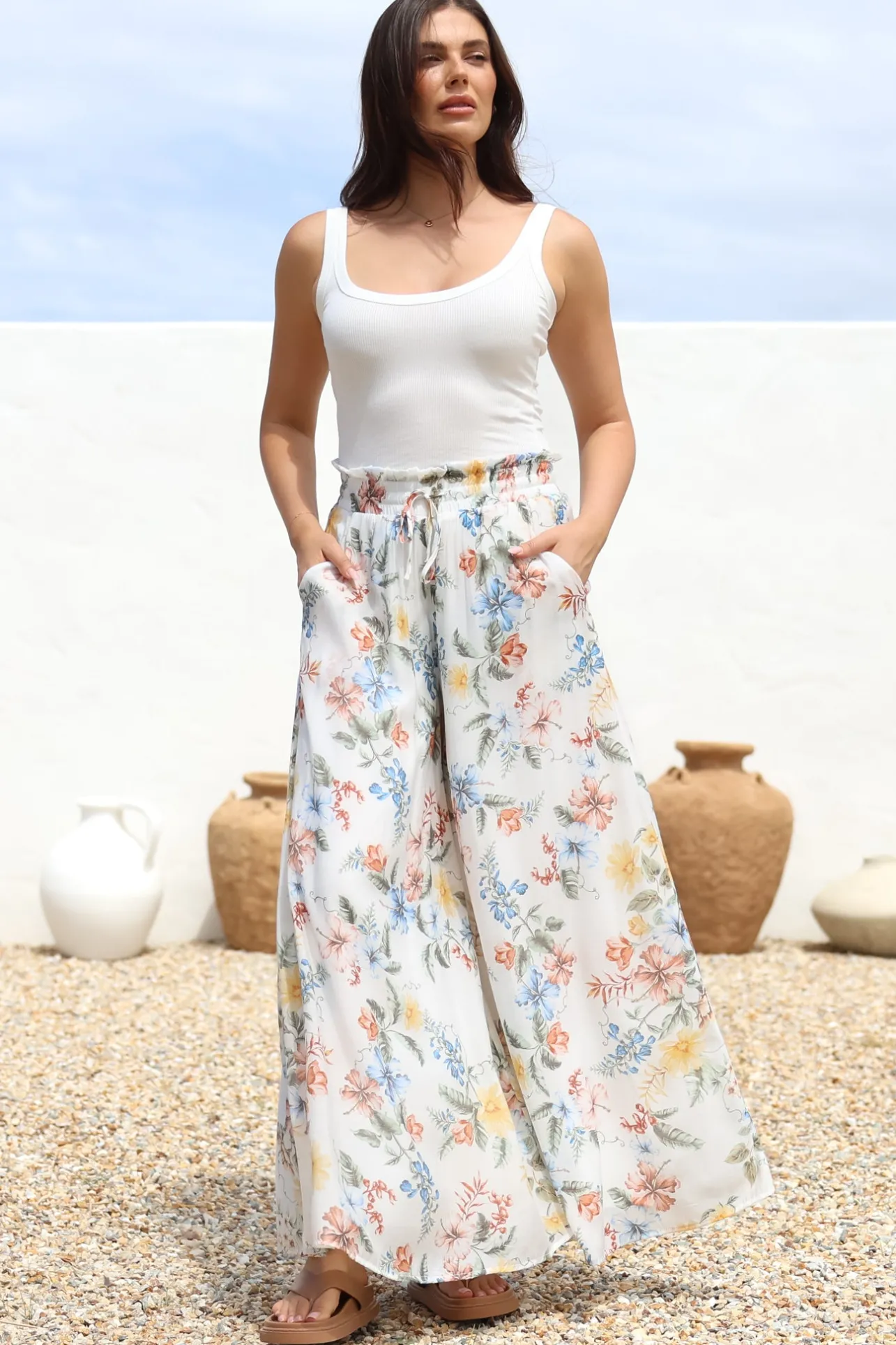 Charli Pants - Paper Bag High Waisted Wide Leg Pants in Veronica Print>Salty Crush Online
