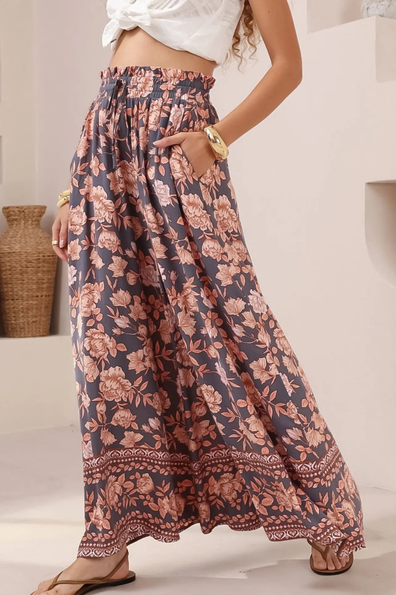 Charli Pants - Paper Bag High Waisted Wide Leg Pants in Leandra Print>Salty Crush Clearance