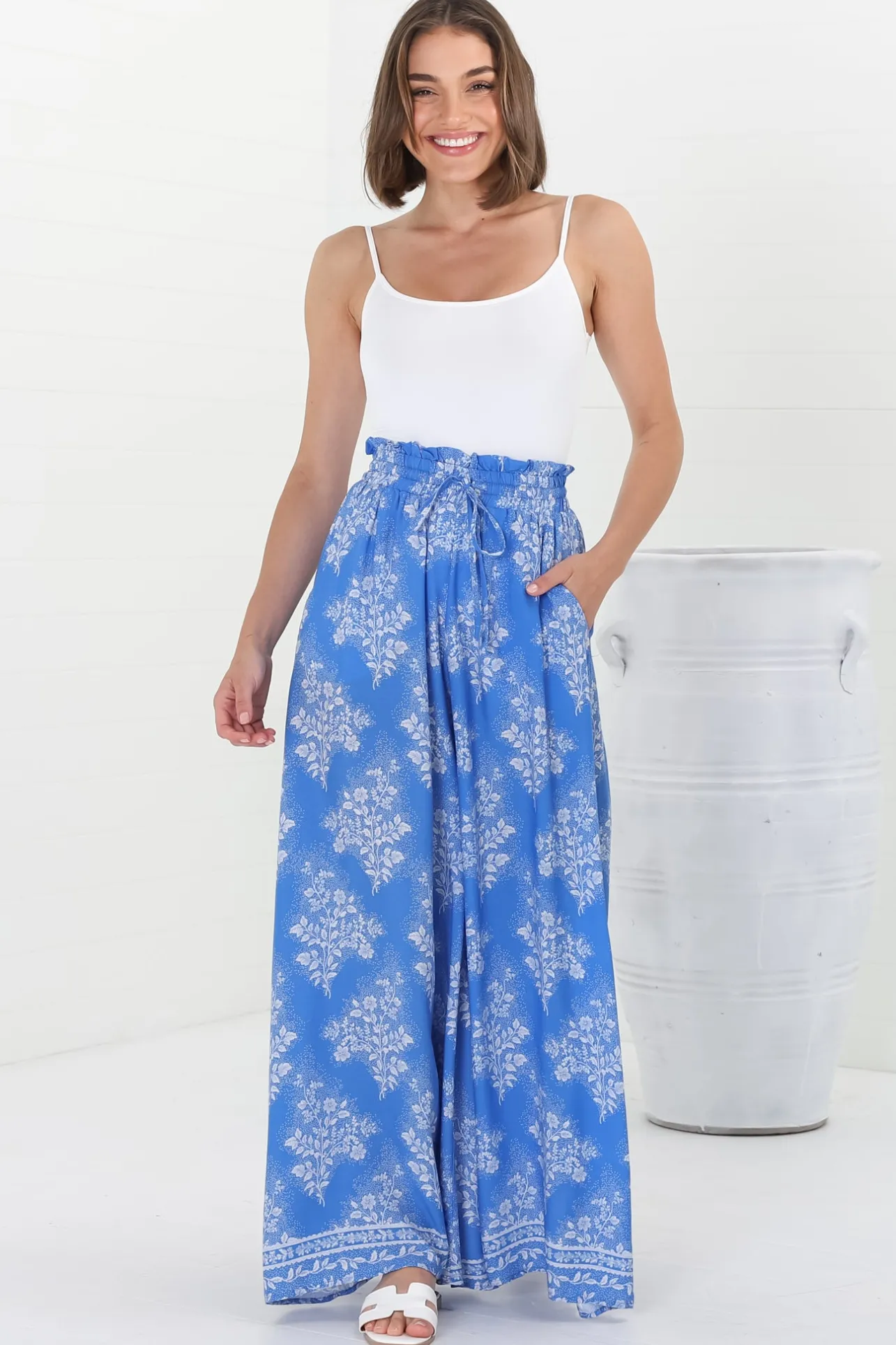Charli Pants - Paper Bag High Waisted Wide Leg Pants in Bridgette Print>Salty Crush Sale