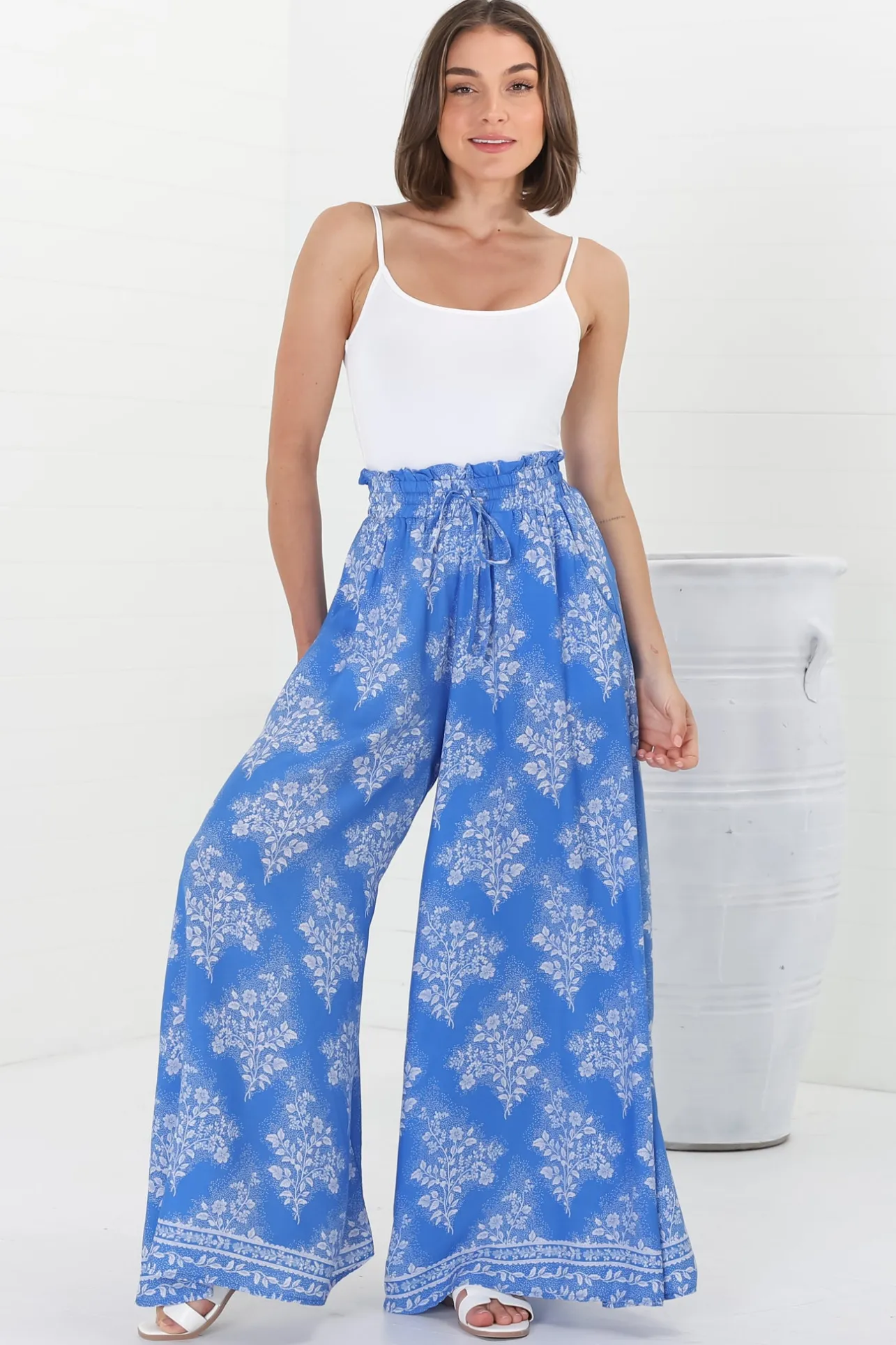 Charli Pants - Paper Bag High Waisted Wide Leg Pants in Bridgette Print>Salty Crush Sale