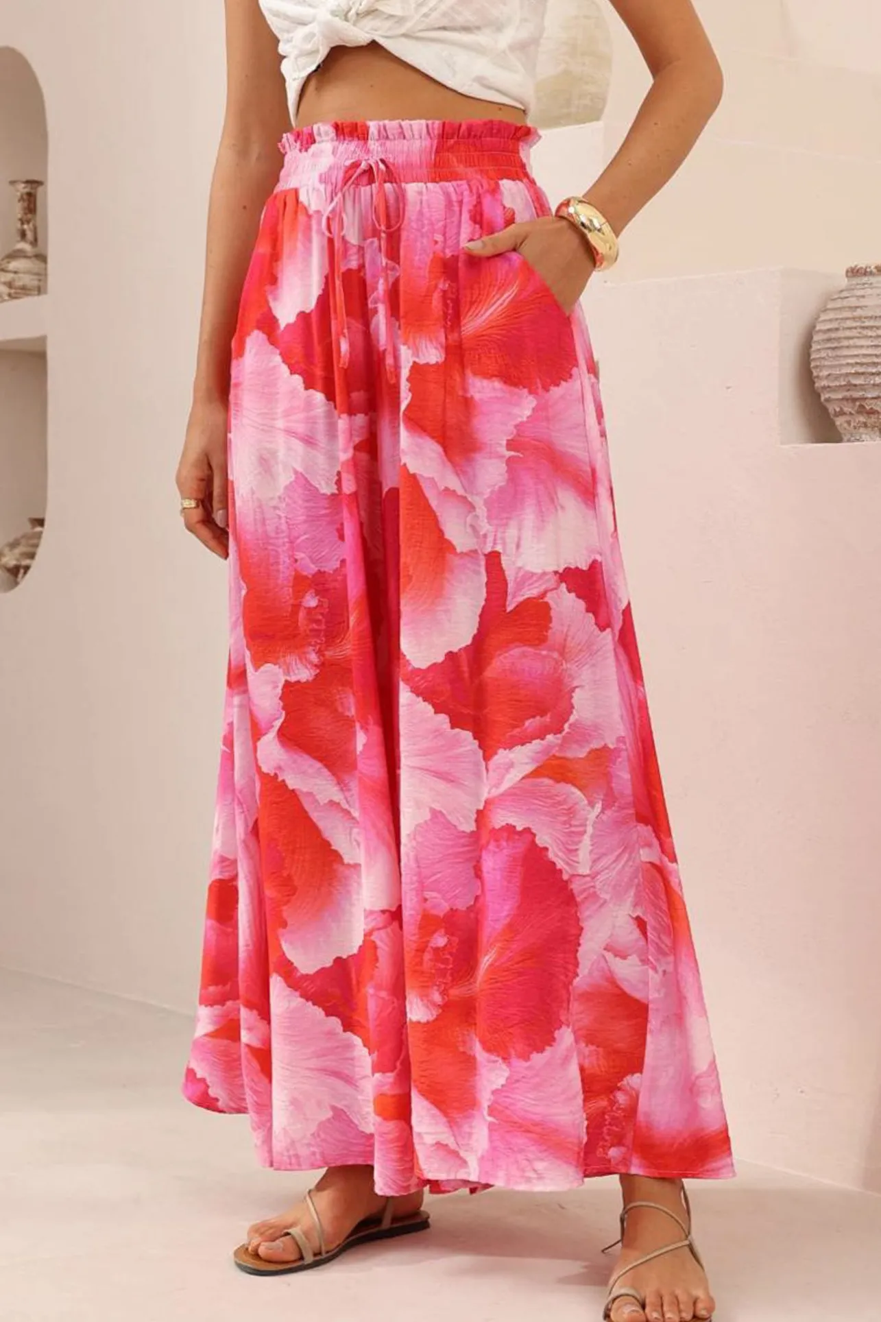 Charli Pants - Paper Bag High Waisted Wide Leg Pants in Greta Print>Salty Crush Sale