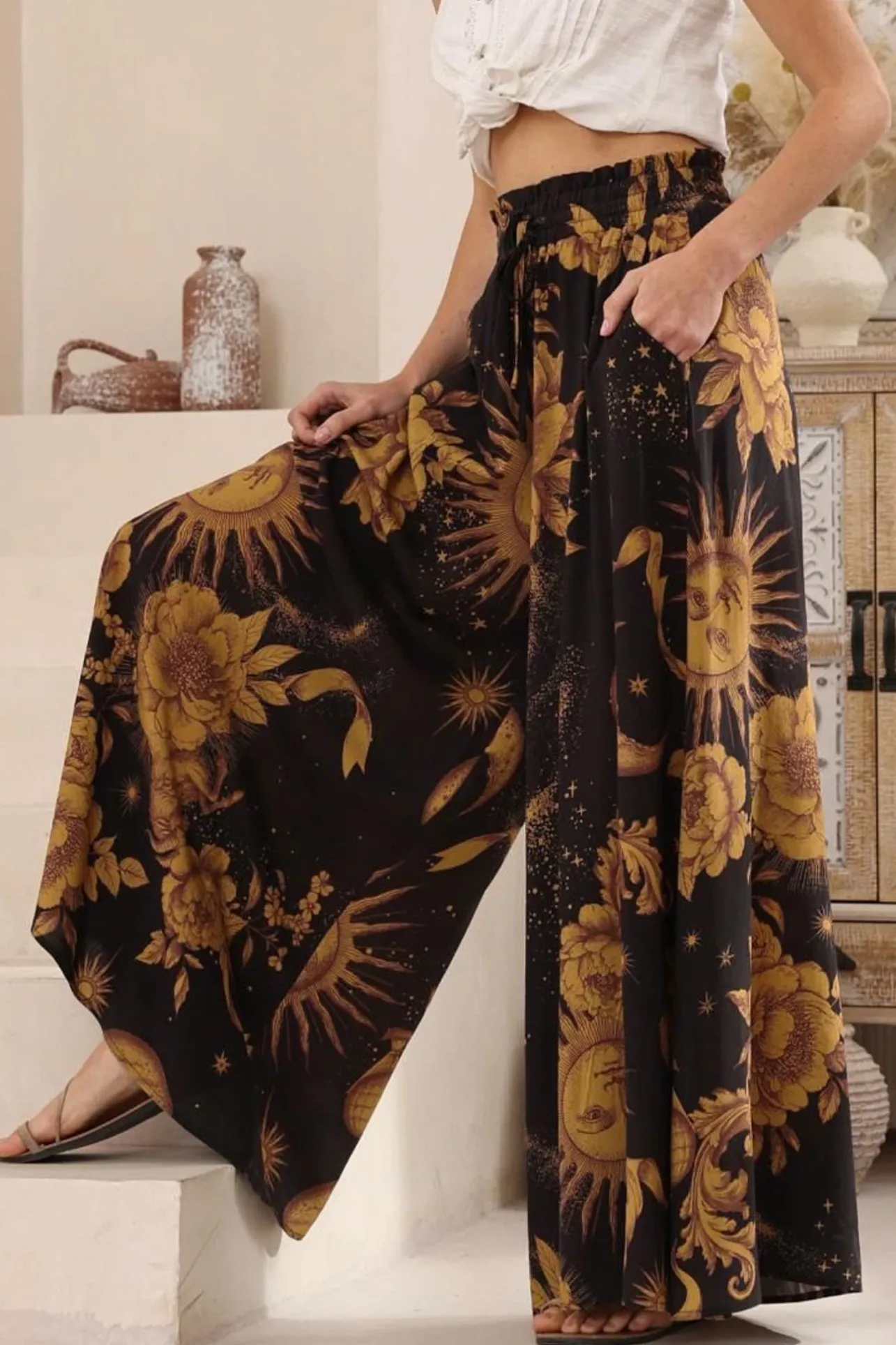 Charli Pants - Paper Bag High Waisted Wide Leg Pants in Goldie Print>Salty Crush Sale