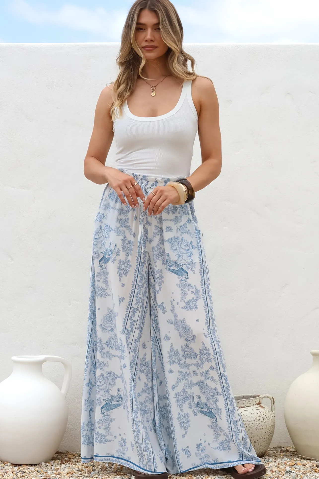 Charli Pants - Paper Bag High Waisted Wide Leg Pants in Josie Print>Salty Crush Best