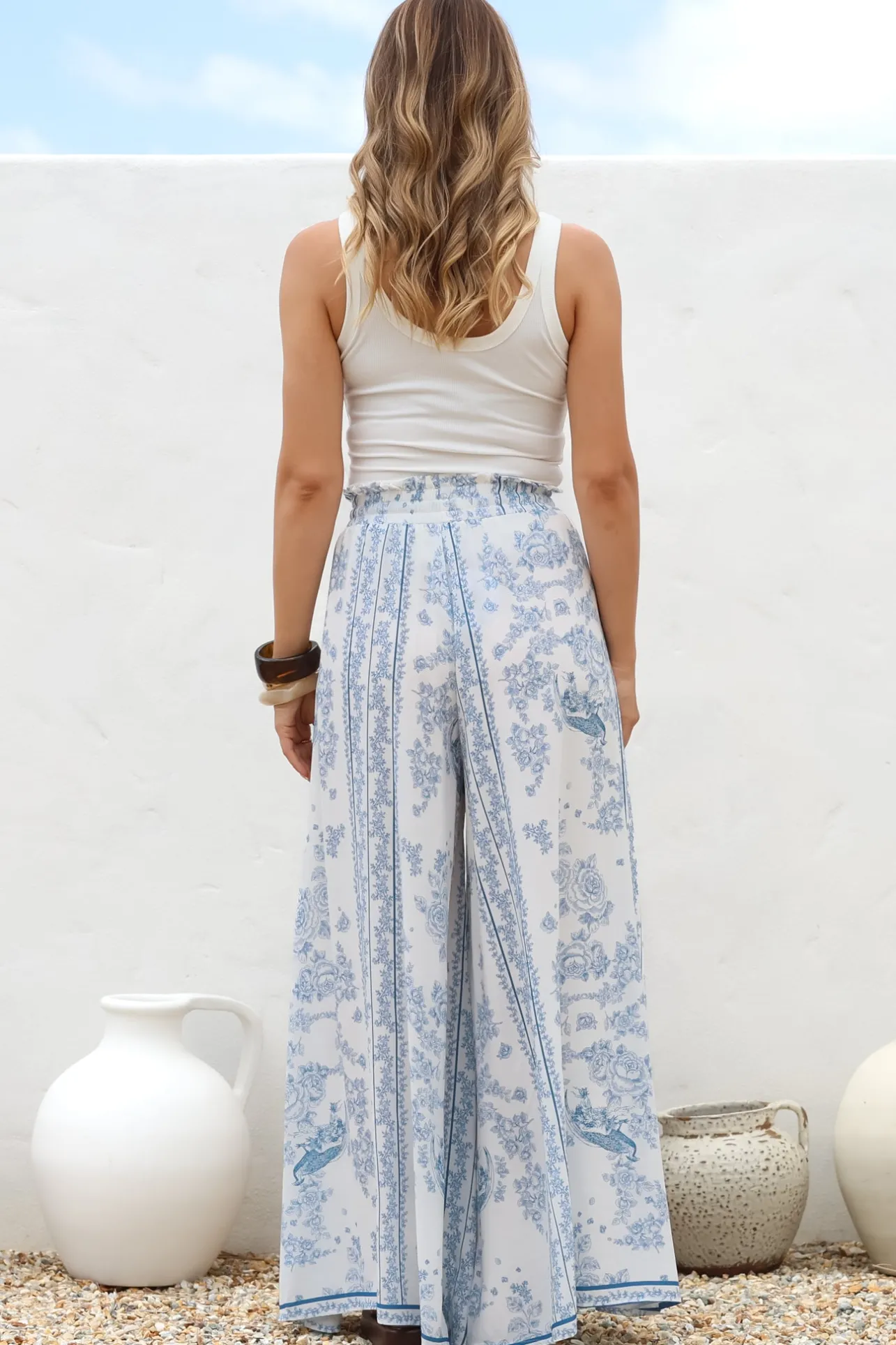 Charli Pants - Paper Bag High Waisted Wide Leg Pants in Josie Print>Salty Crush Best