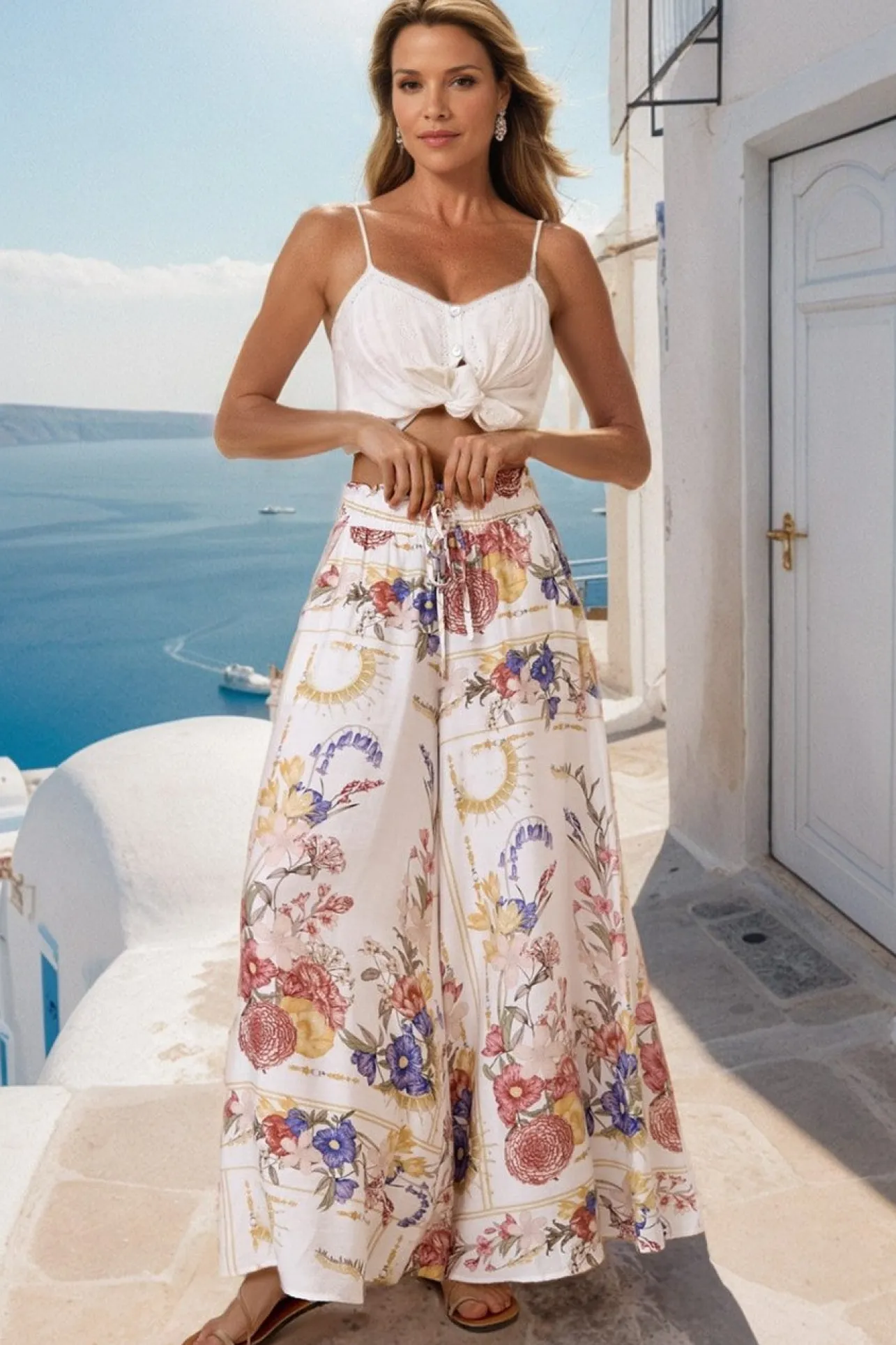 Charli Pants - Paper Bag High Waisted Wide Leg Pants in Adelia Print>Salty Crush