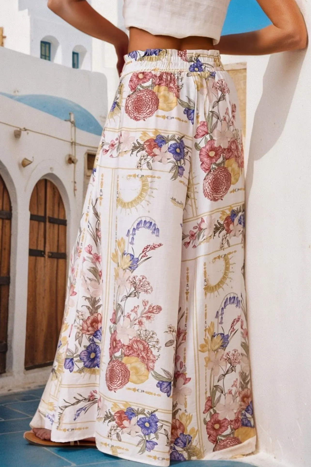 Charli Pants - Paper Bag High Waisted Wide Leg Pants in Adelia Print>Salty Crush
