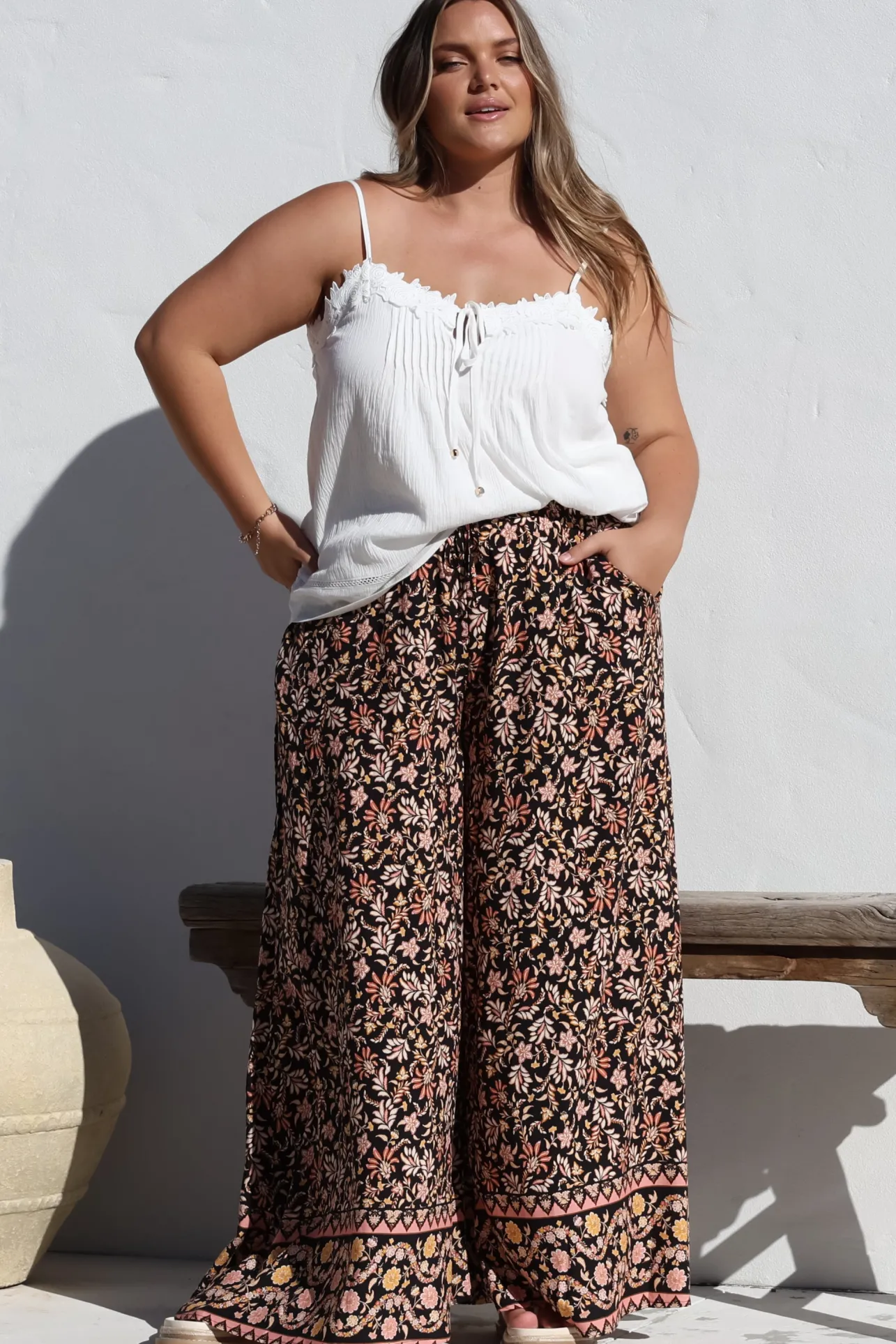 Charli Pants - Paper Bag High Waisted Wide Leg Pants in Amirah Print>Salty Crush New