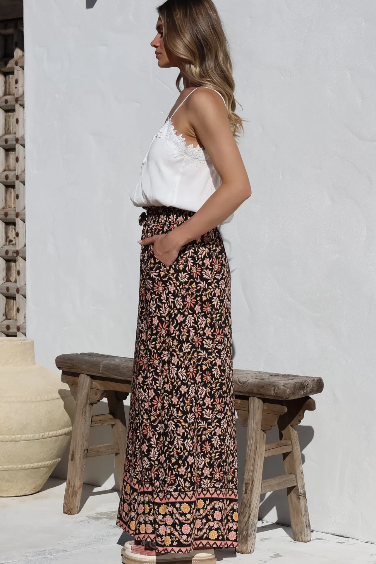 Charli Pants - Paper Bag High Waisted Wide Leg Pants in Amirah Print>Salty Crush New