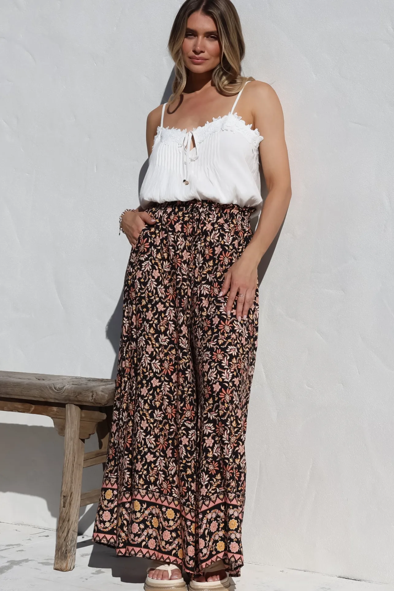 Charli Pants - Paper Bag High Waisted Wide Leg Pants in Amirah Print>Salty Crush New