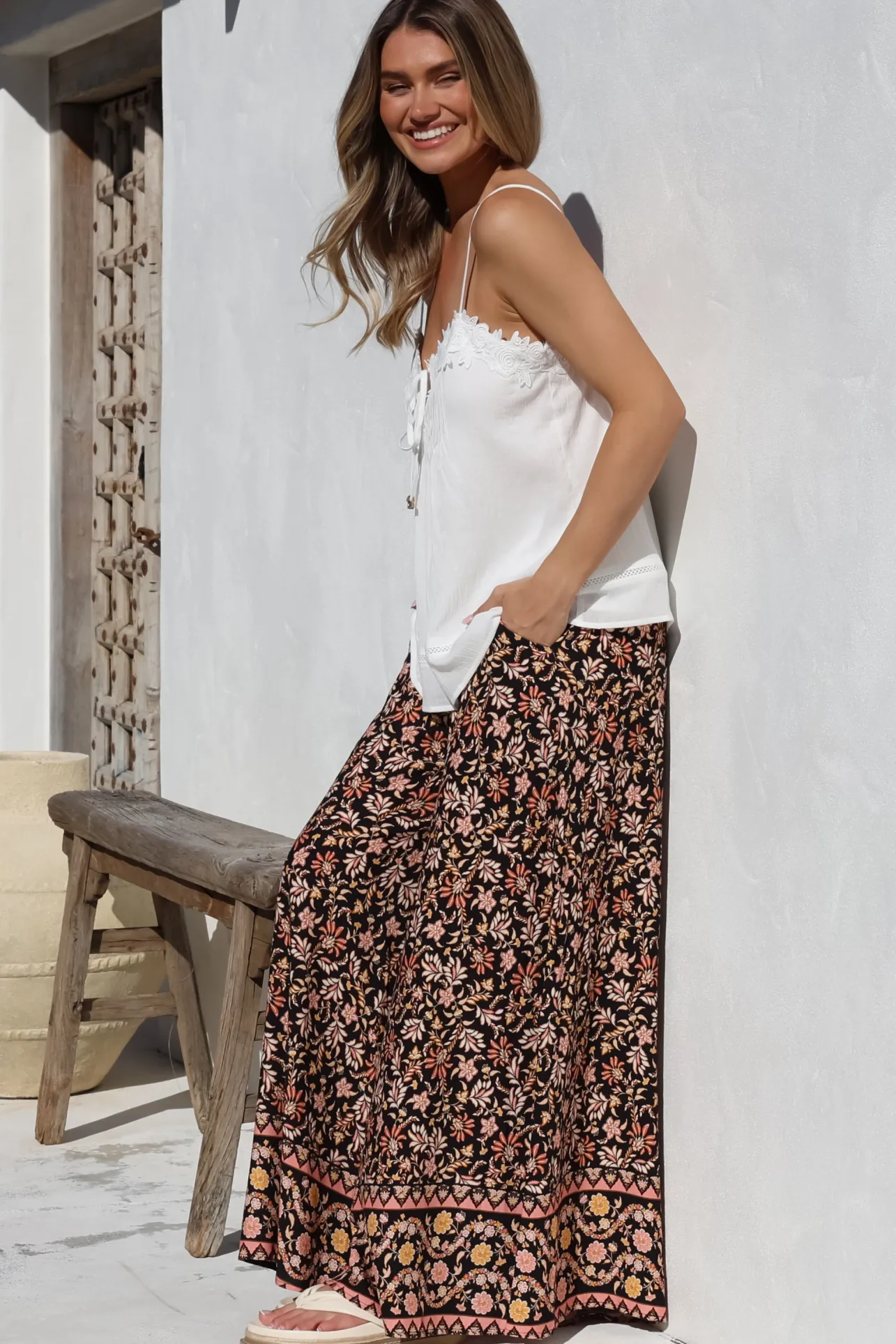 Charli Pants - Paper Bag High Waisted Wide Leg Pants in Amirah Print>Salty Crush New