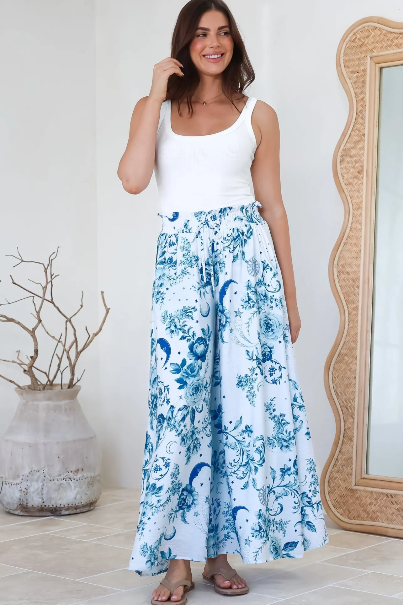 Charli Pants - Paper Bag High Waisted Wide Leg Pants in Runa Print>Salty Crush Sale