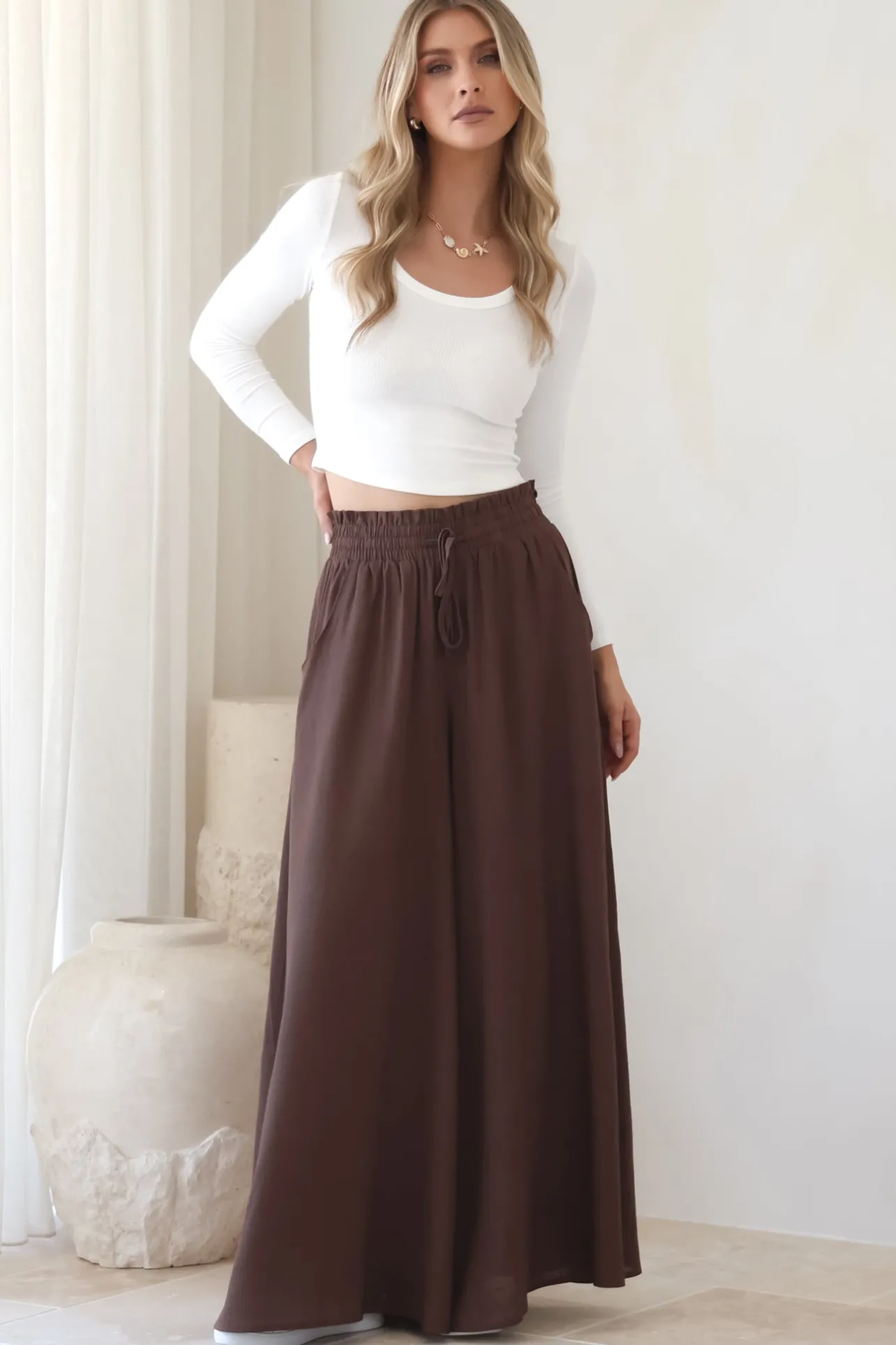 Charli Pants - Paper Bag High Waisted Wide Leg Pants in Brown>Salty Crush Discount