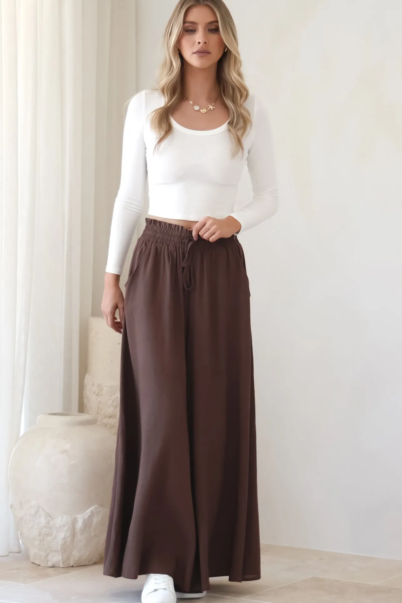Charli Pants - Paper Bag High Waisted Wide Leg Pants in Brown>Salty Crush Discount