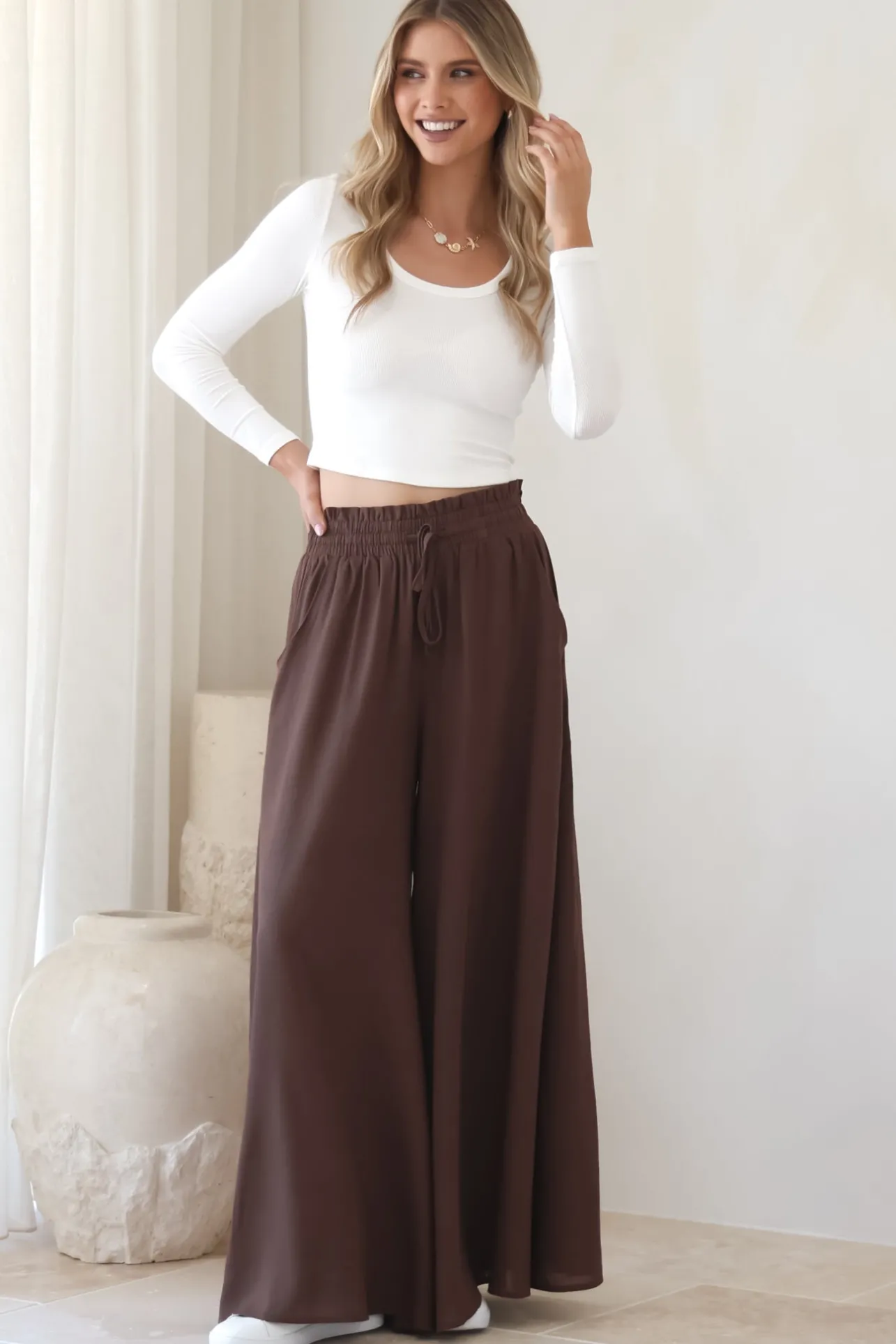 Charli Pants - Paper Bag High Waisted Wide Leg Pants in Brown>Salty Crush Discount