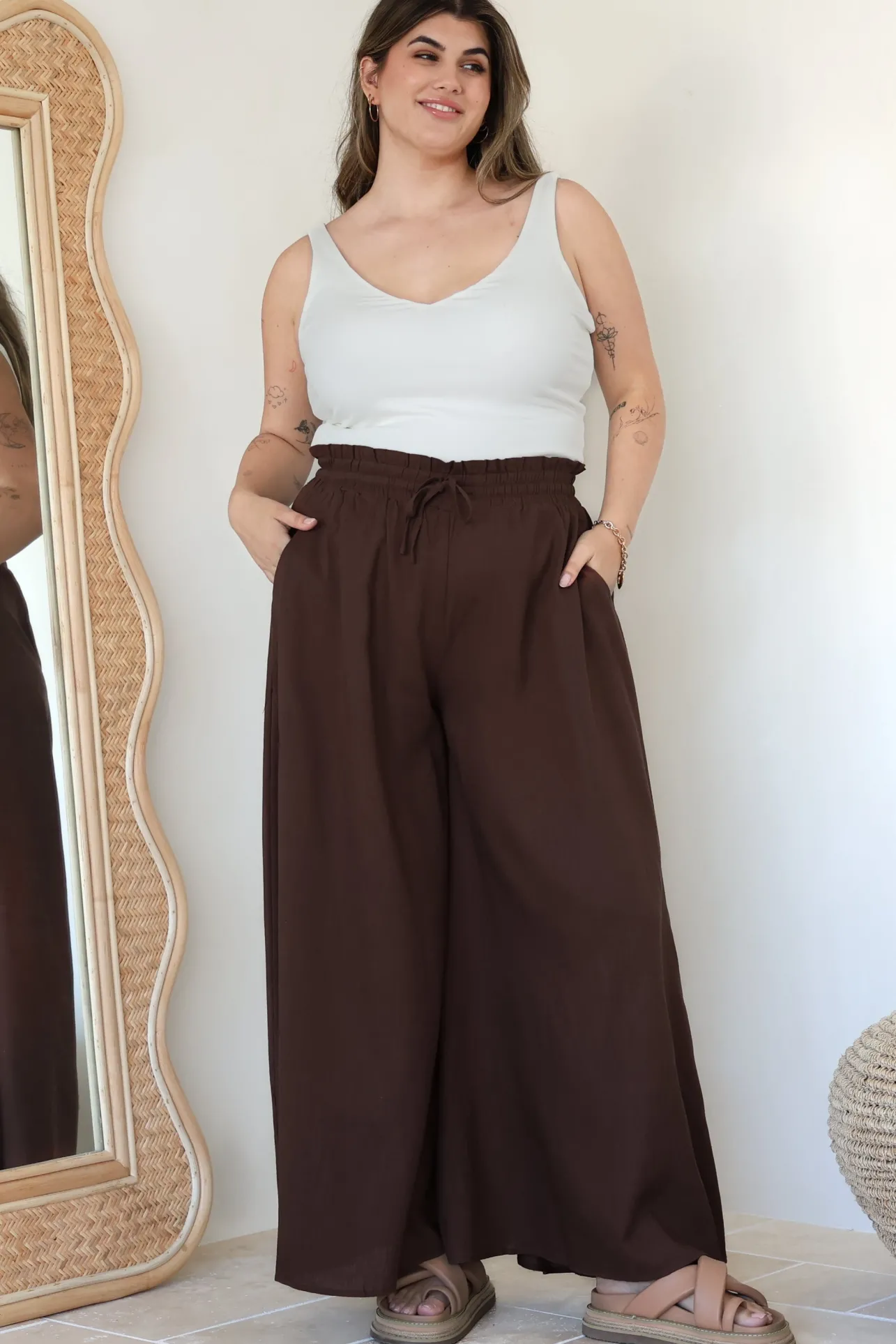 Charli Pants - Paper Bag High Waisted Wide Leg Pants in Brown>Salty Crush Discount