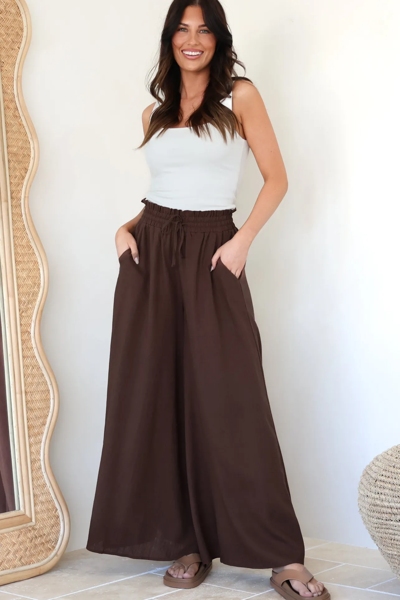 Charli Pants - Paper Bag High Waisted Wide Leg Pants in Brown>Salty Crush Discount