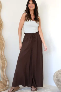 Charli Pants - Paper Bag High Waisted Wide Leg Pants in Brown><noscript><img width=