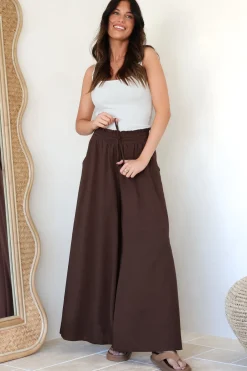 Charli Pants - Paper Bag High Waisted Wide Leg Pants in Brown><noscript><img width=