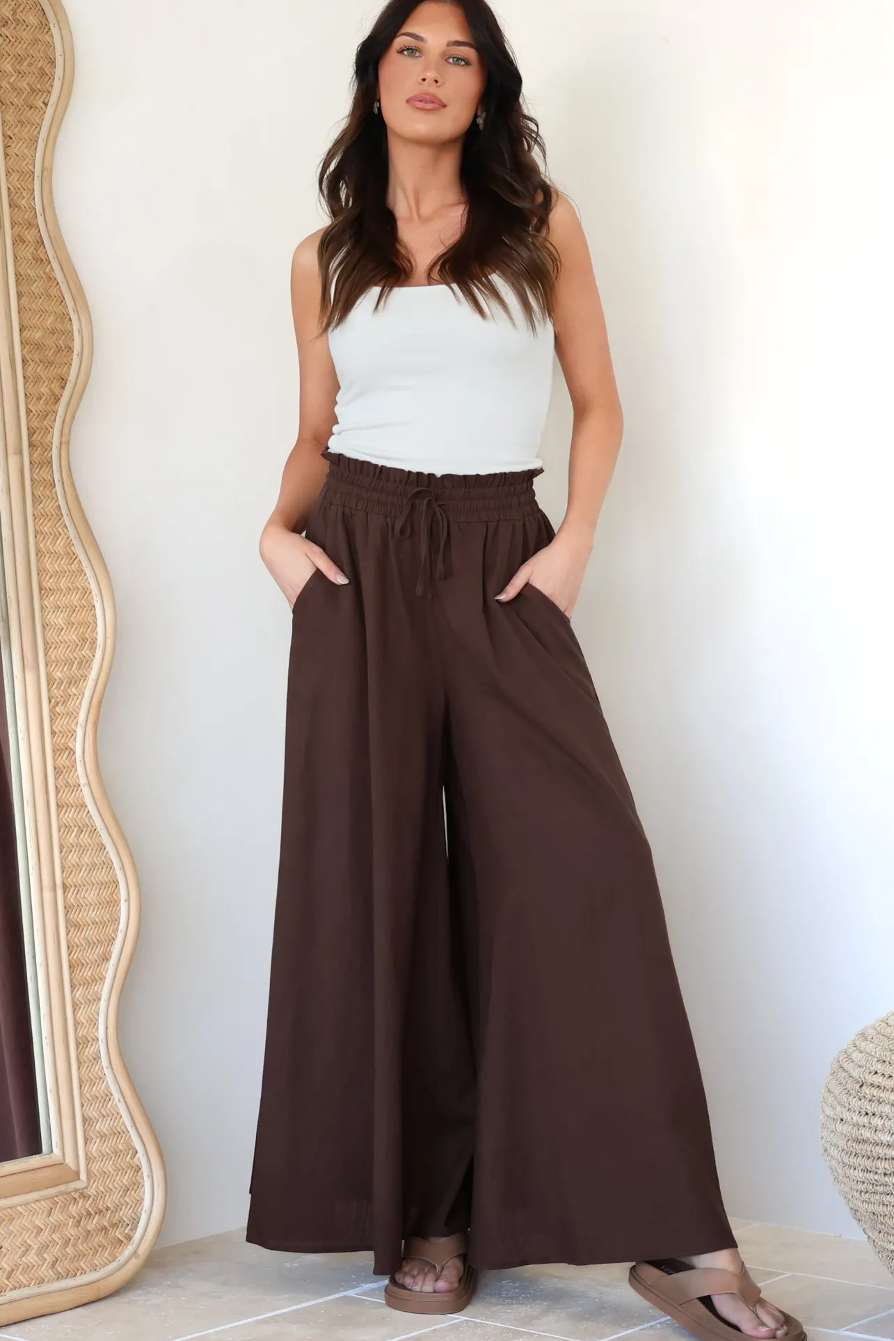 Charli Pants - Paper Bag High Waisted Wide Leg Pants in Brown>Salty Crush Discount