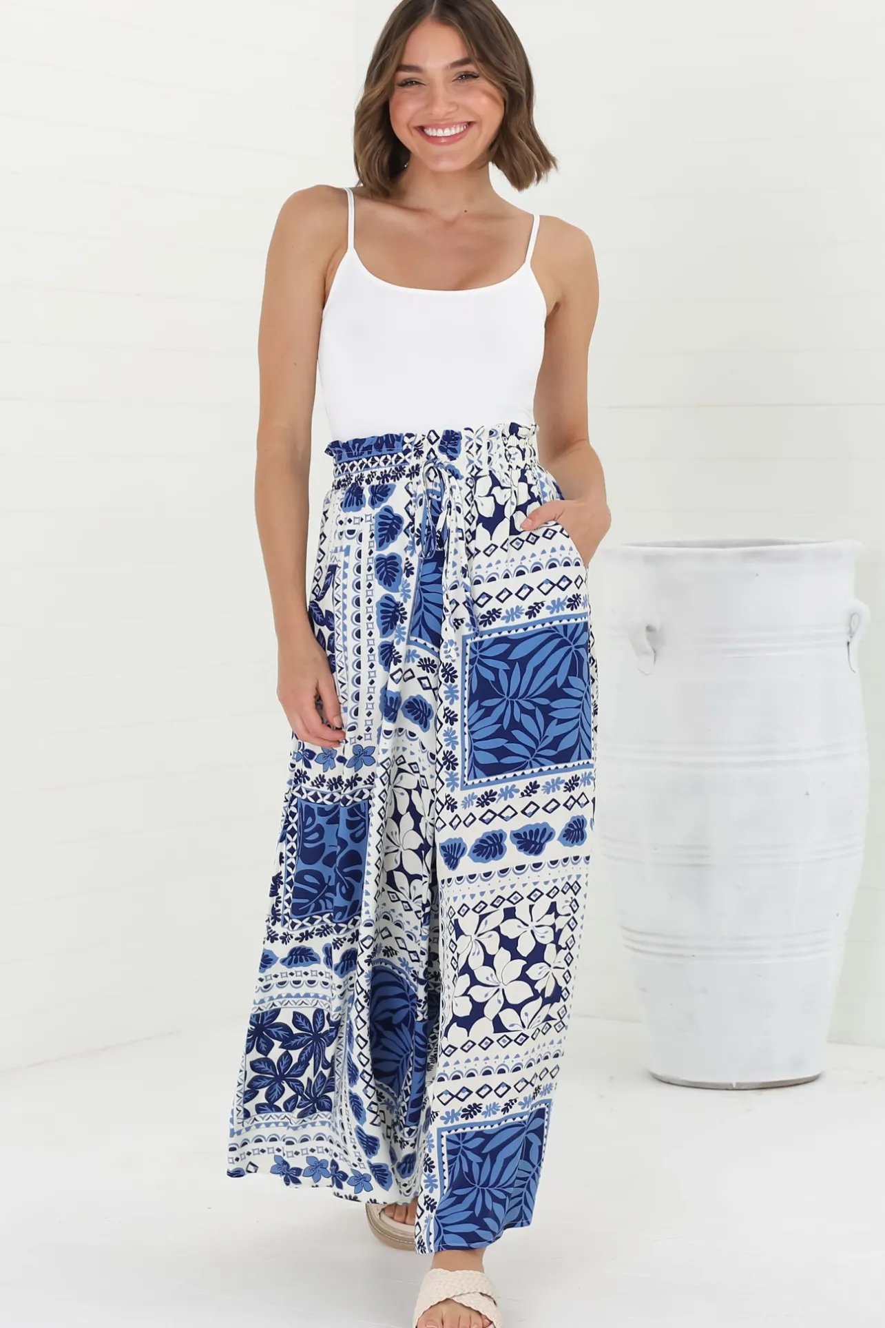 Charli Pants - Paper Bag High Waisted Wide Leg Pants in Halia Print>Salty Crush