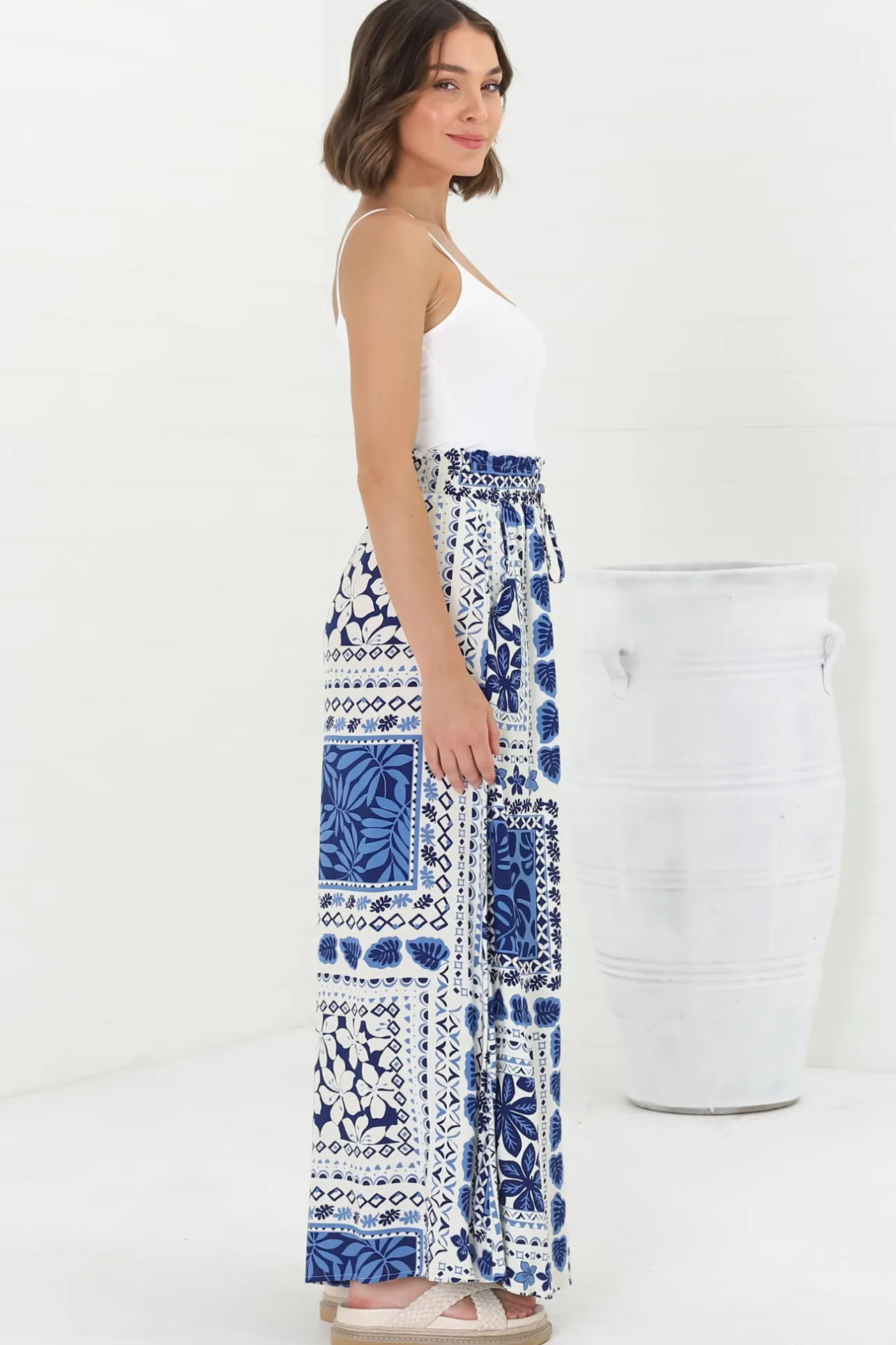 Charli Pants - Paper Bag High Waisted Wide Leg Pants in Halia Print>Salty Crush