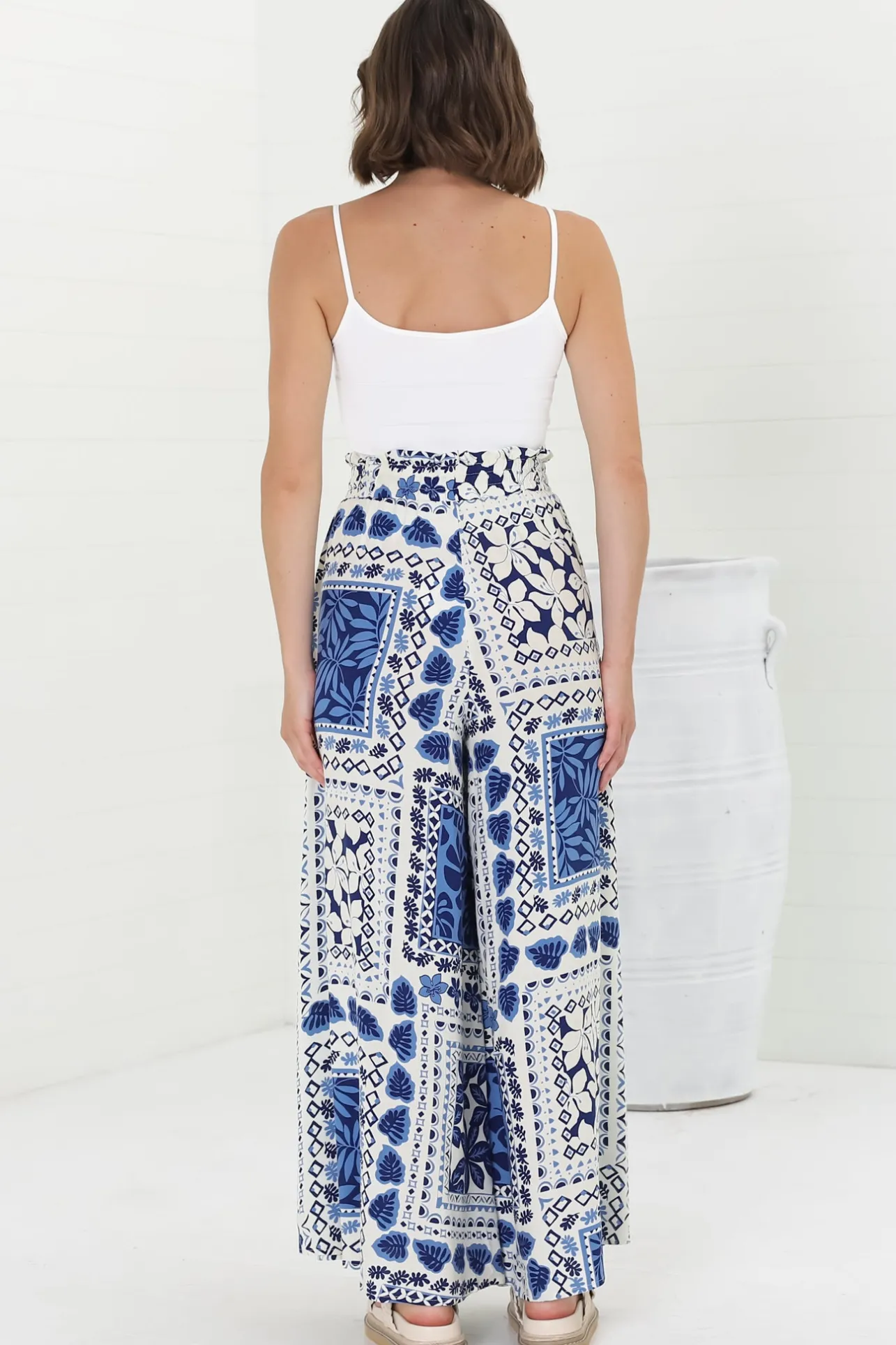 Charli Pants - Paper Bag High Waisted Wide Leg Pants in Halia Print>Salty Crush