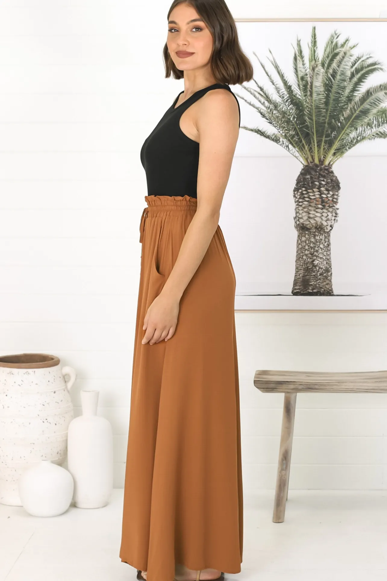 Charli Pants - Paper Bag High Waisted Wide Leg Pants in Rust>Salty Crush New