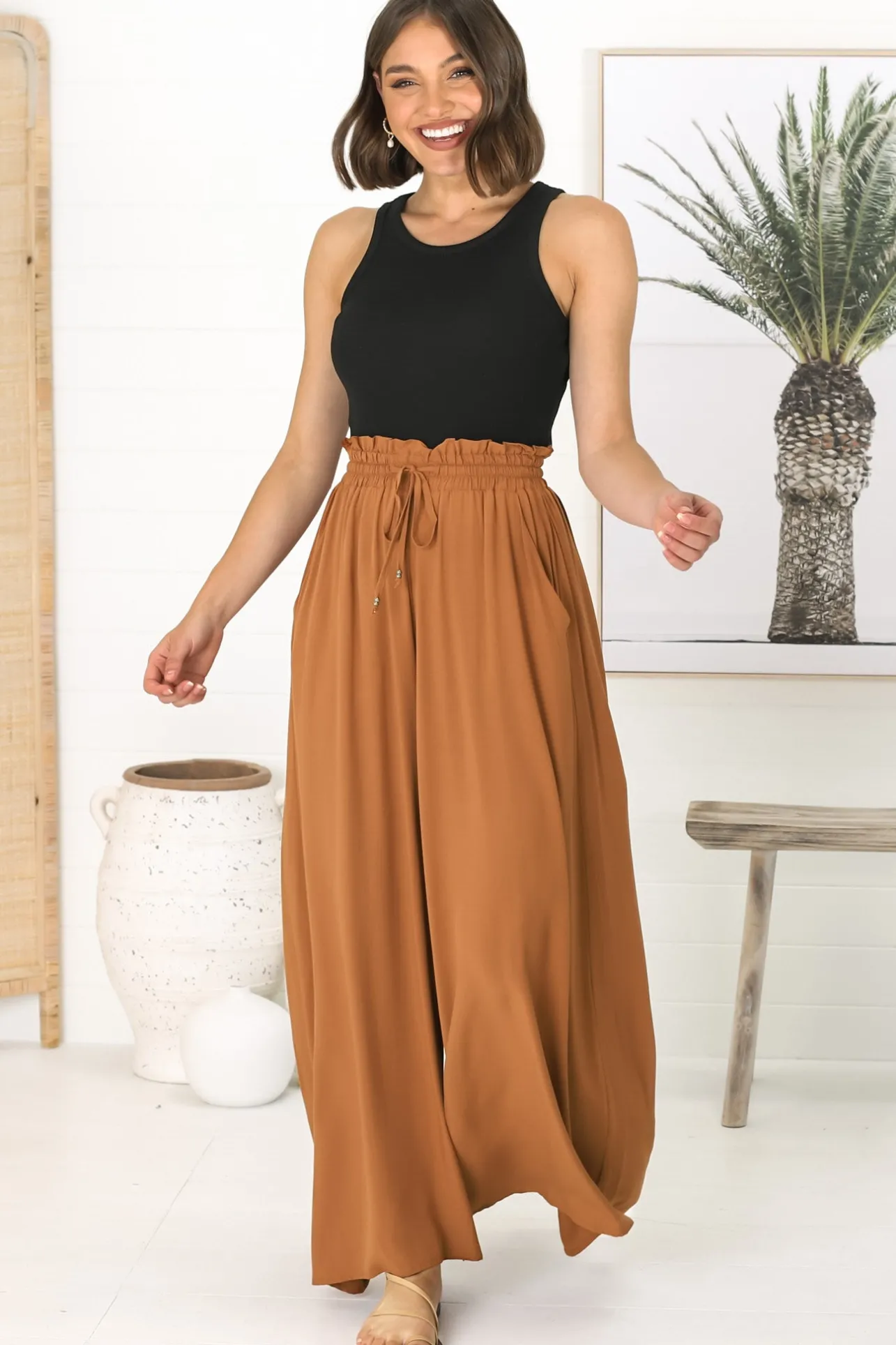 Charli Pants - Paper Bag High Waisted Wide Leg Pants in Rust>Salty Crush New