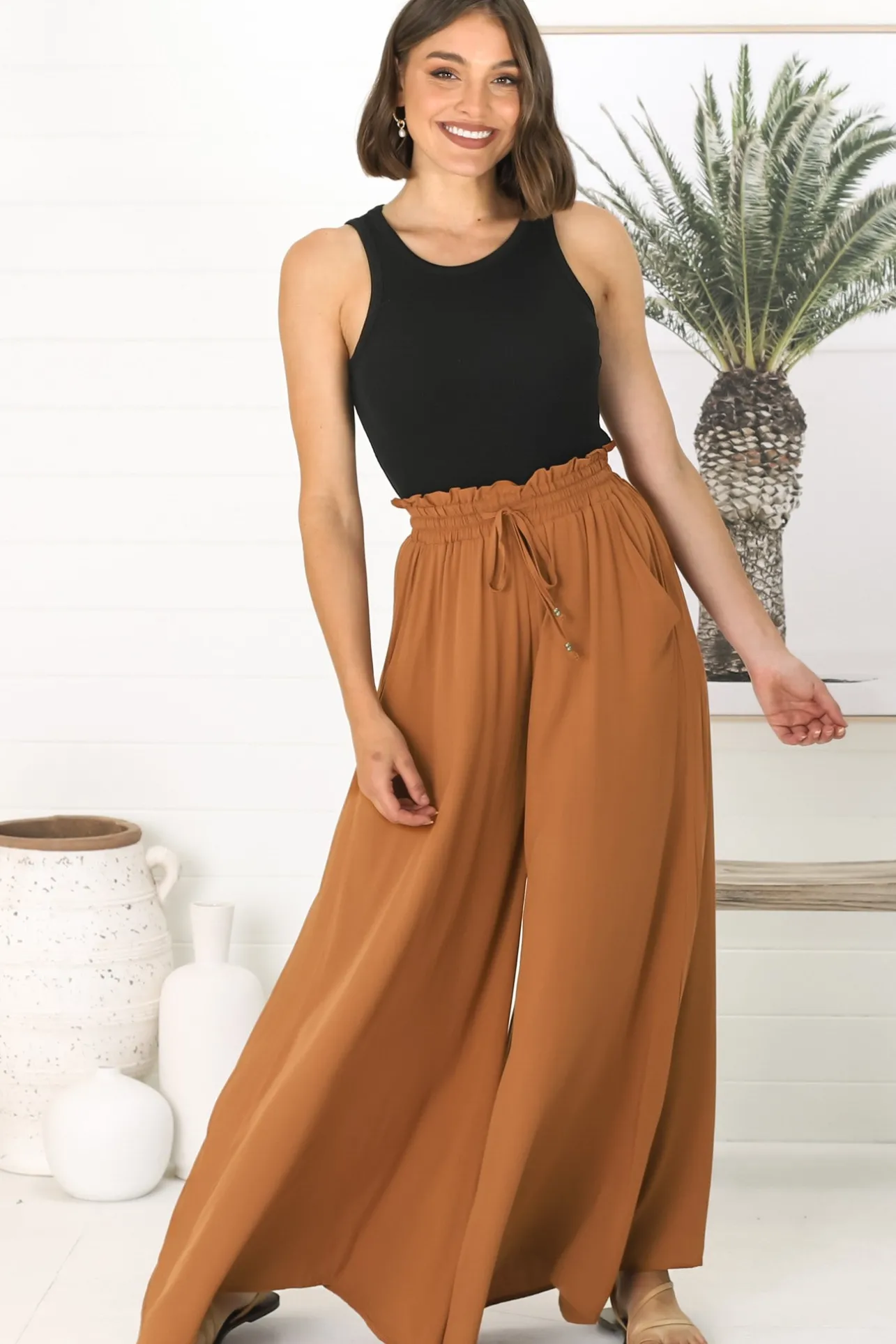 Charli Pants - Paper Bag High Waisted Wide Leg Pants in Rust>Salty Crush New