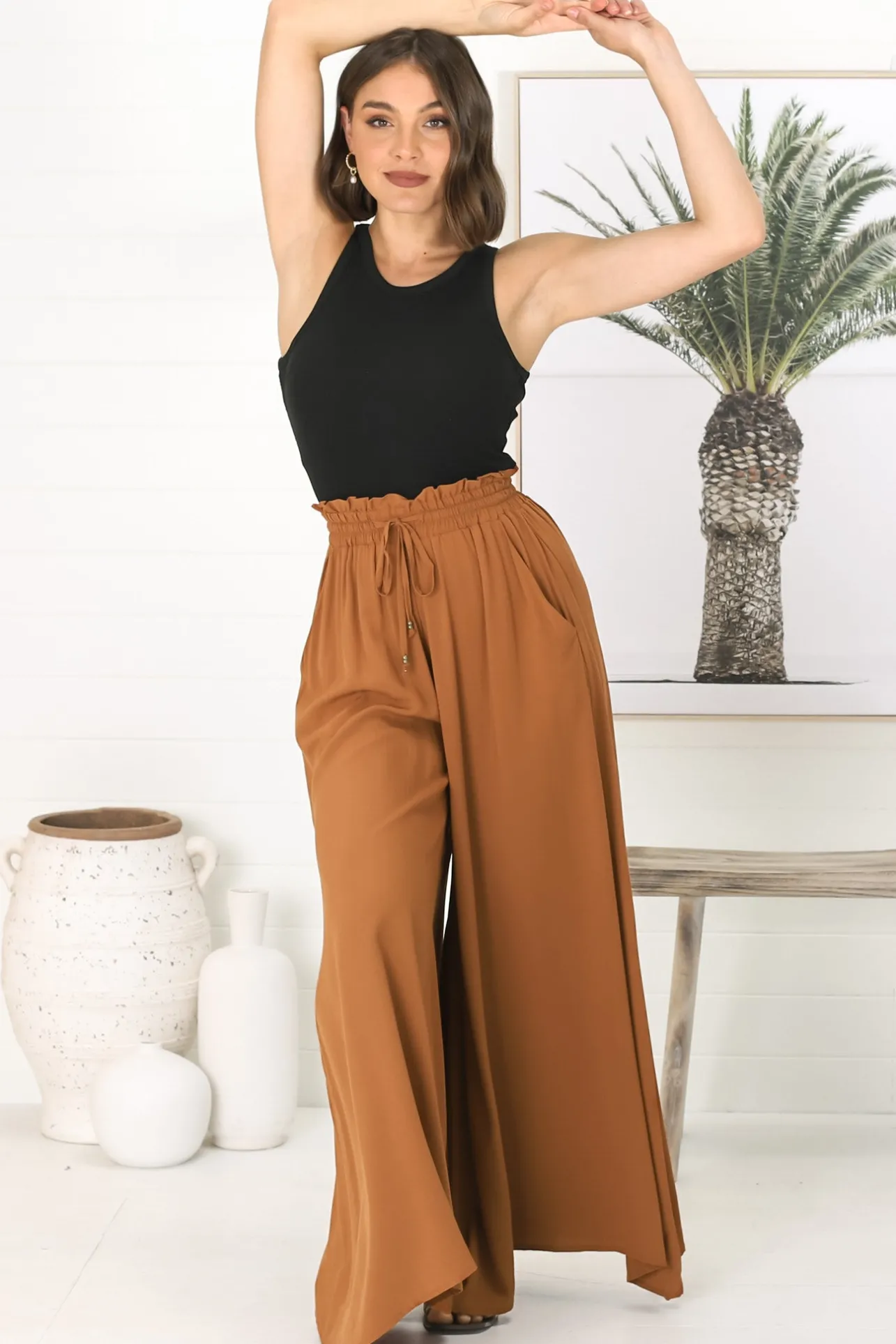Charli Pants - Paper Bag High Waisted Wide Leg Pants in Rust>Salty Crush New