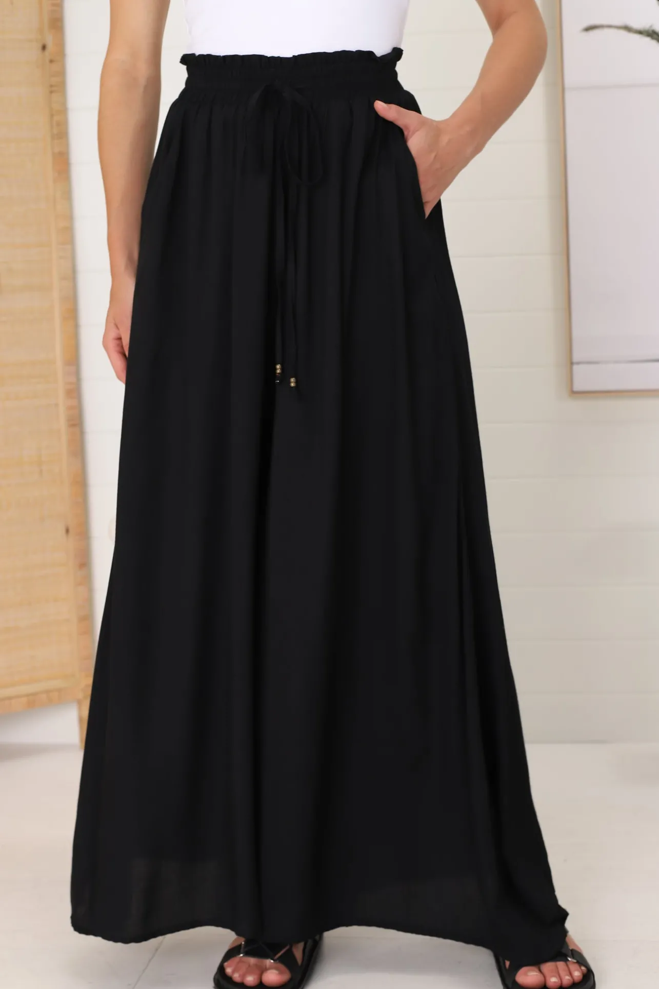 Charli Pants - Paper Bag High Waisted Wide Leg Pants in Black>Salty Crush Best