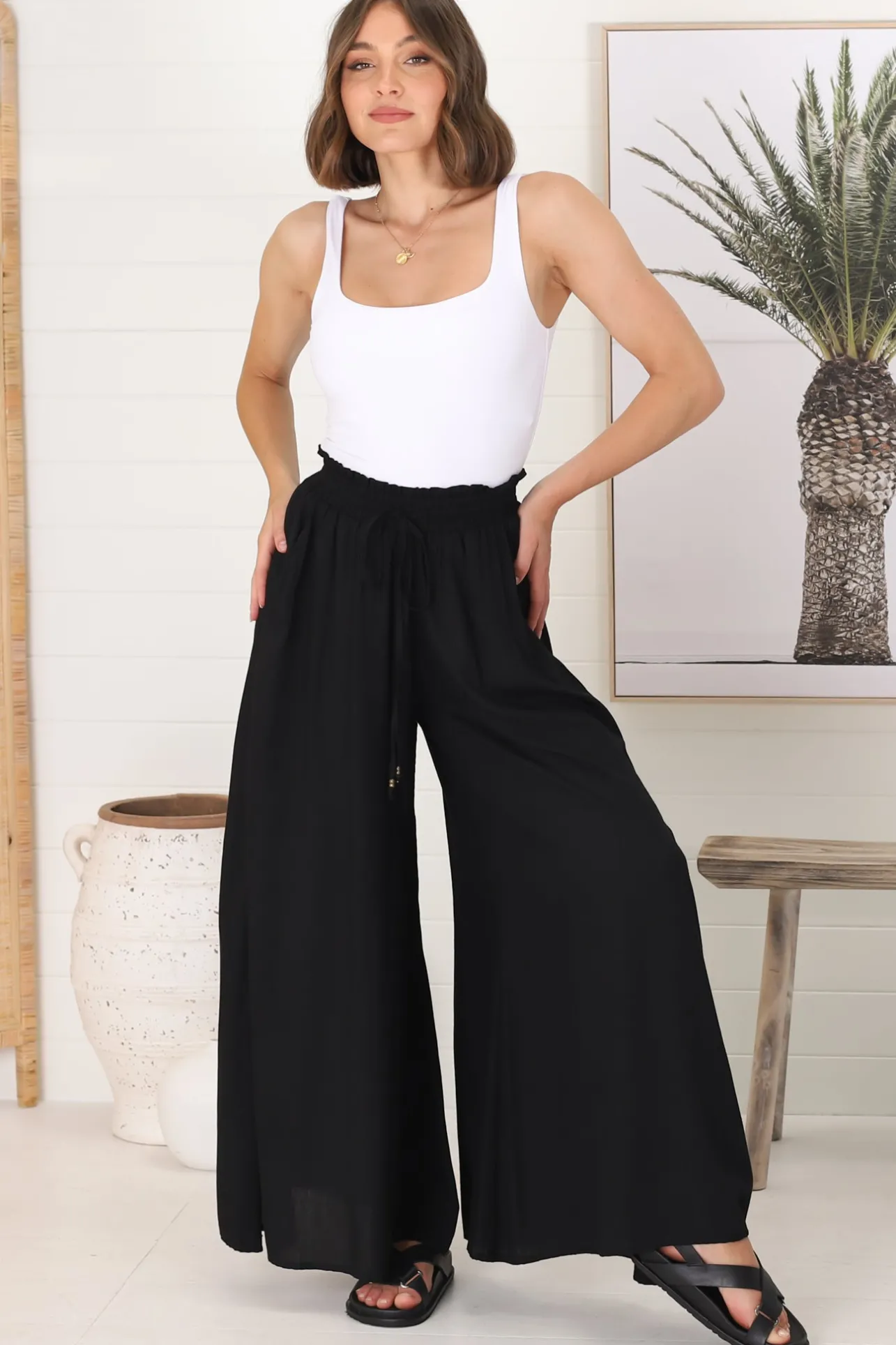 Charli Pants - Paper Bag High Waisted Wide Leg Pants in Black>Salty Crush Best