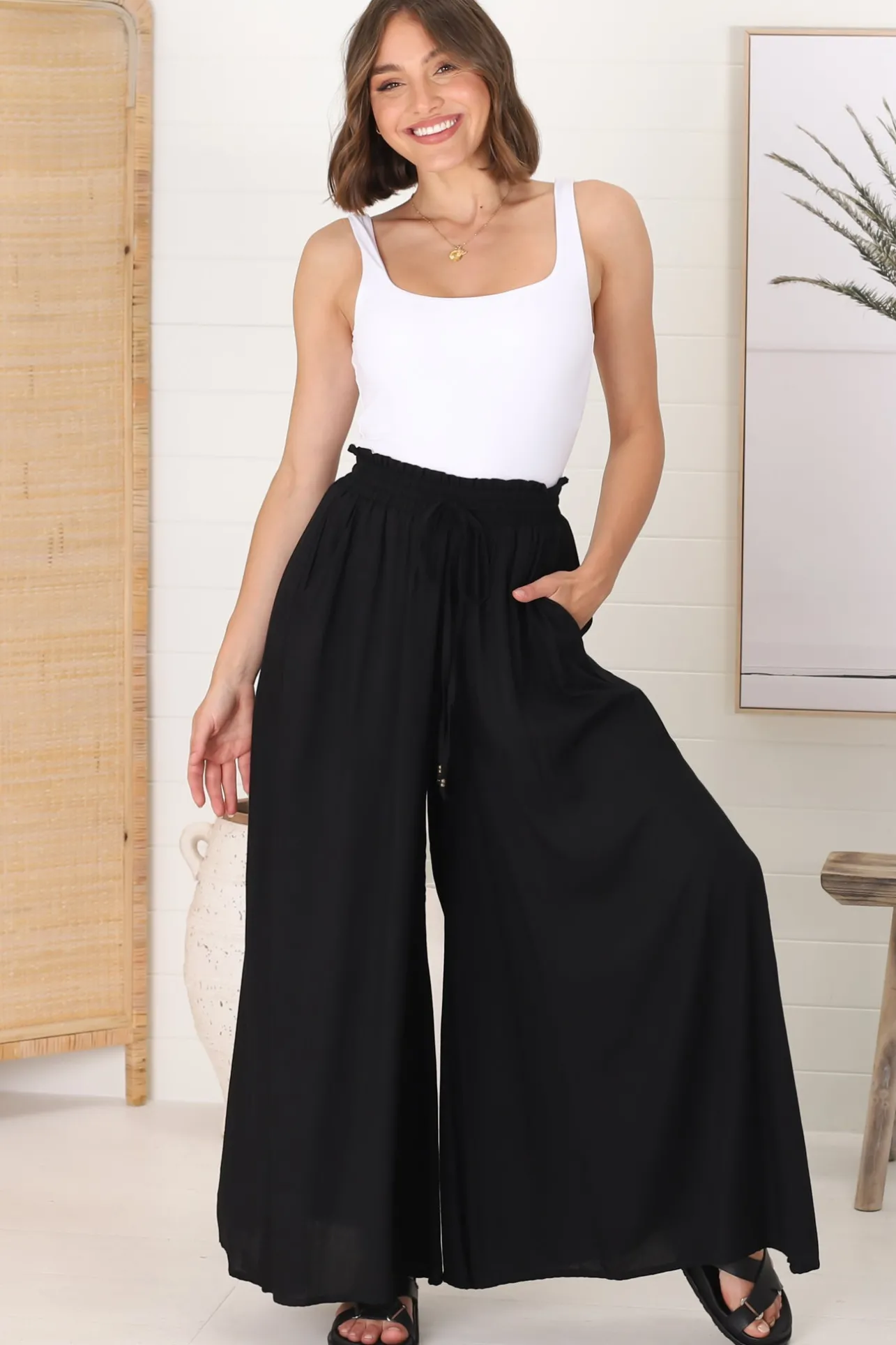 Charli Pants - Paper Bag High Waisted Wide Leg Pants in Black>Salty Crush Best
