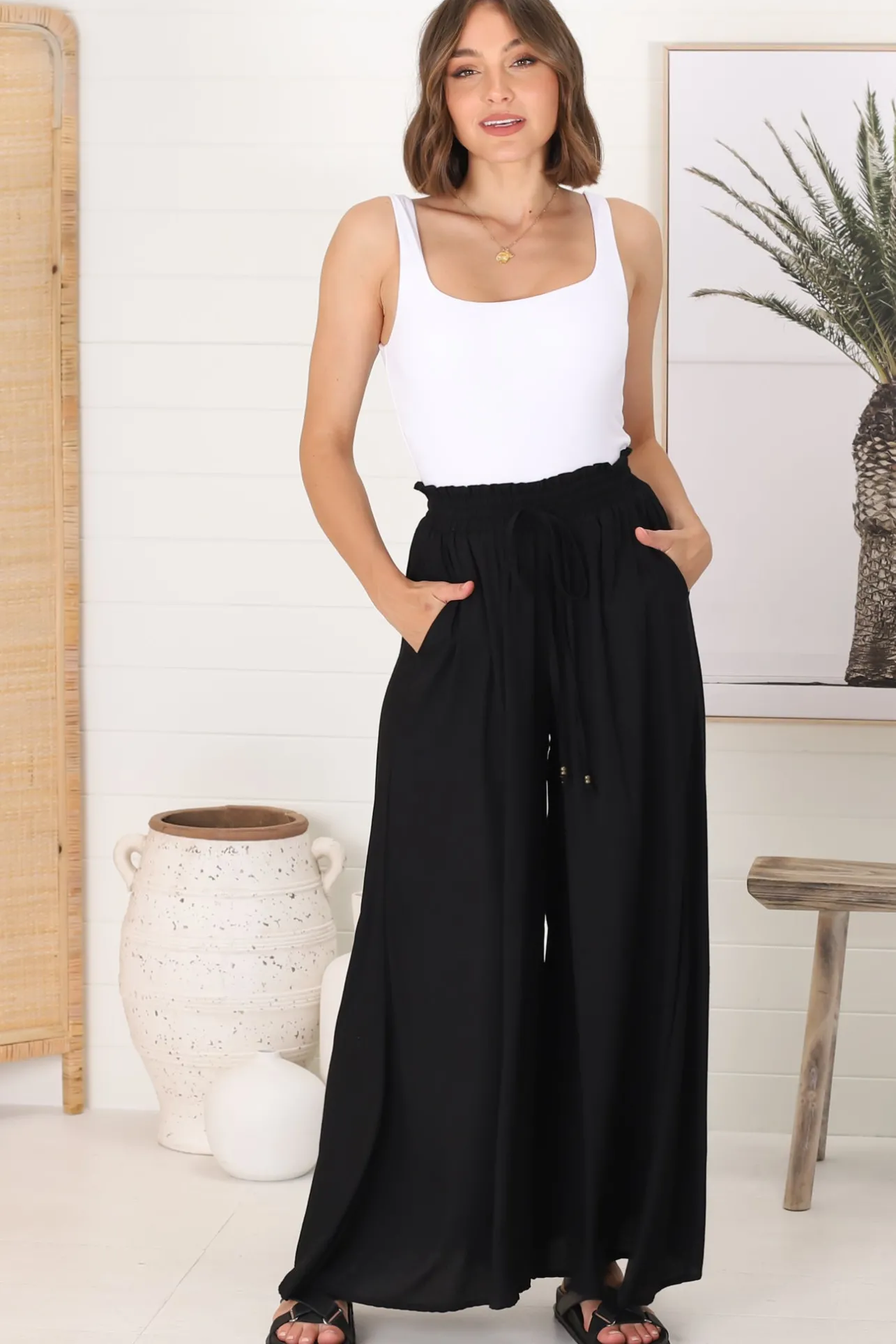 Charli Pants - Paper Bag High Waisted Wide Leg Pants in Black>Salty Crush Best