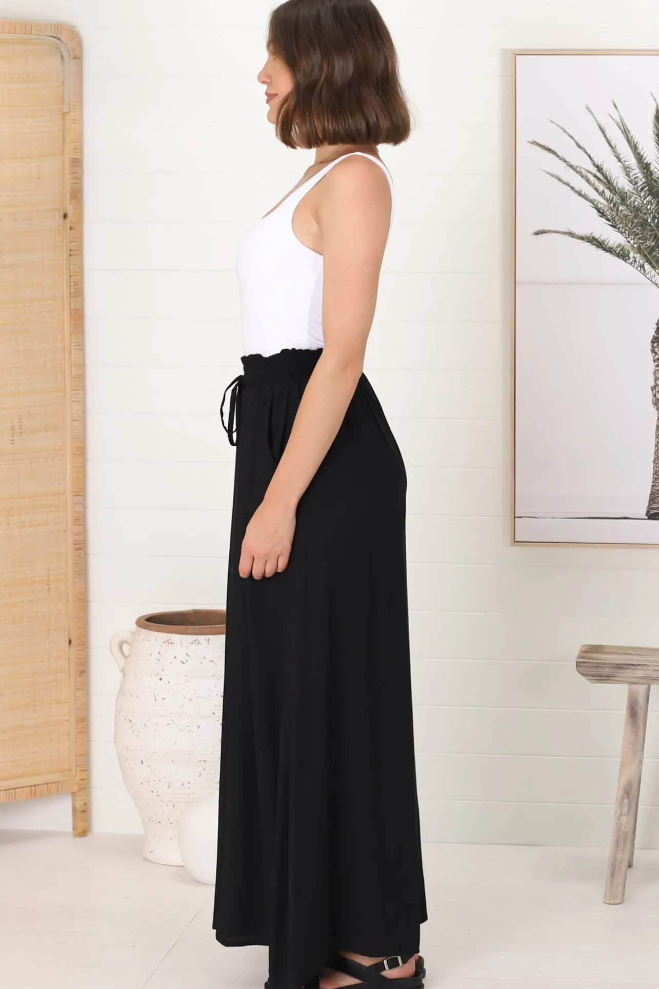 Charli Pants - Paper Bag High Waisted Wide Leg Pants in Black>Salty Crush Best