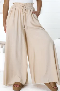 Charli Pants - Paper Bag High Waisted Wide Leg Pants in Sand>Salty Crush