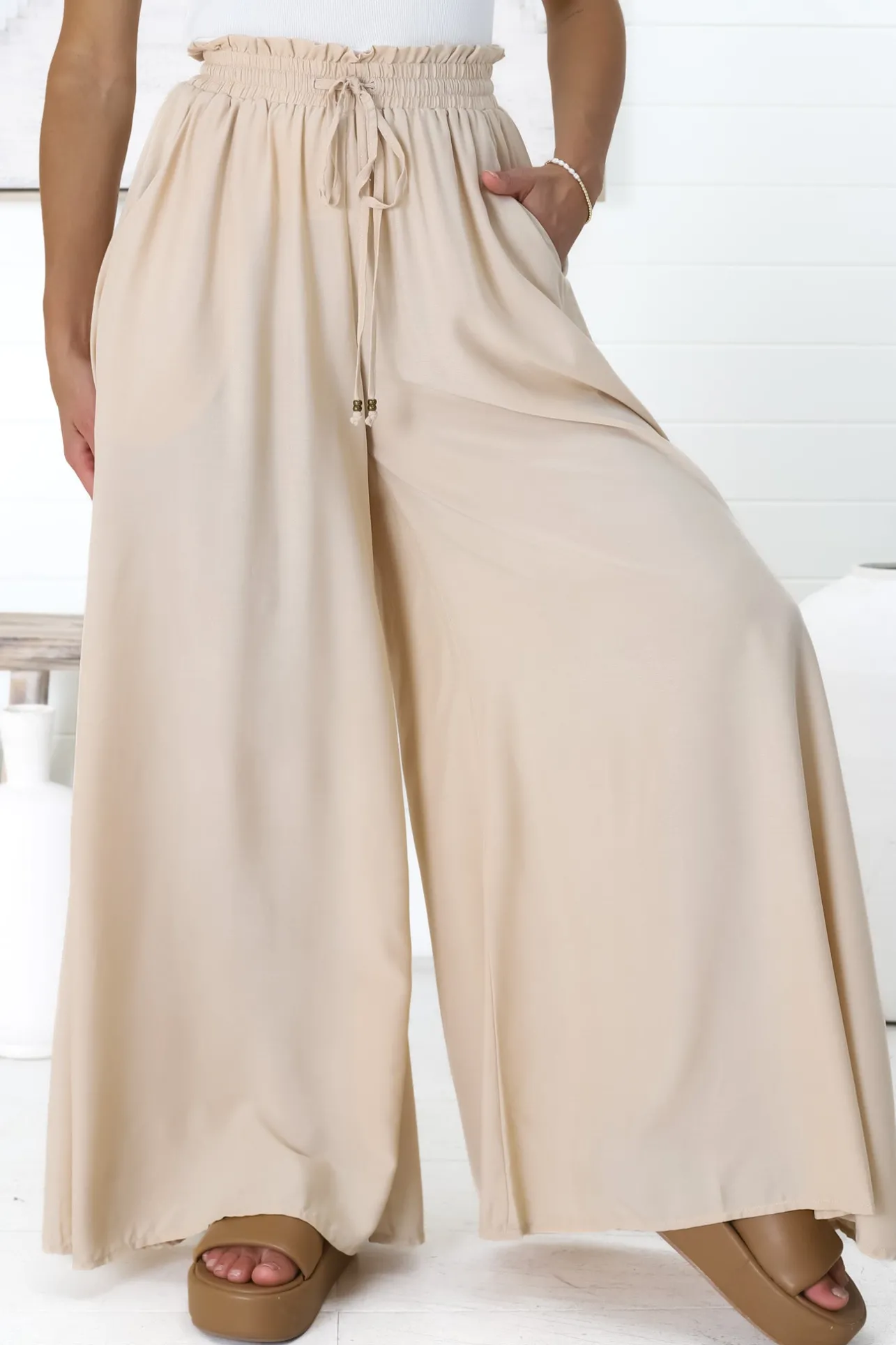 Charli Pants - Paper Bag High Waisted Wide Leg Pants in Sand>Salty Crush