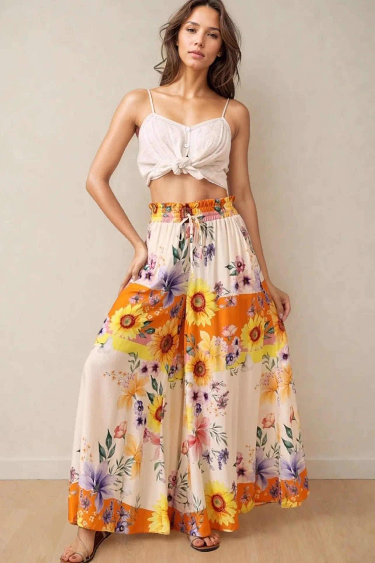 Charli Pants - Paper Bag High Waisted Wide Leg Pants in Tansy Print>Salty Crush New