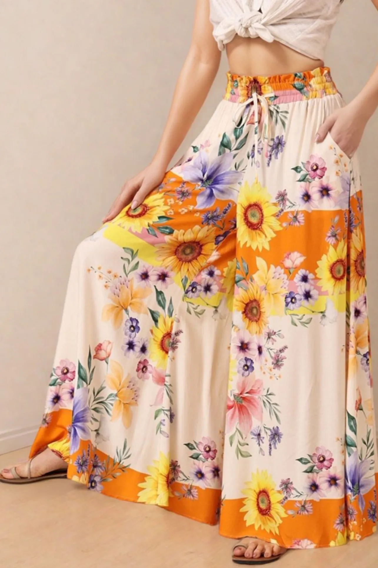 Charli Pants - Paper Bag High Waisted Wide Leg Pants in Tansy Print>Salty Crush New