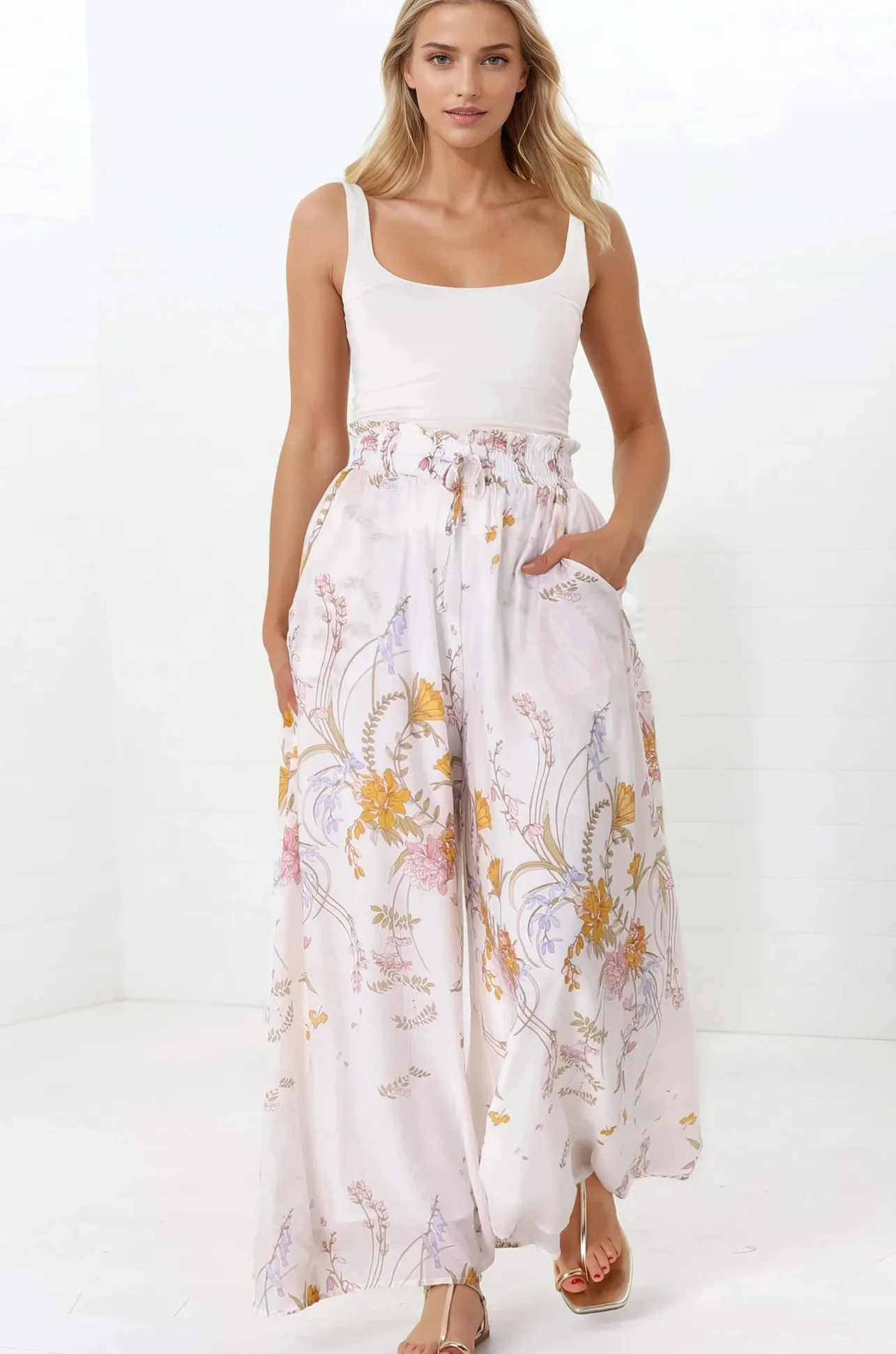 Charli Pants - Paper Bag High Waisted Wide Leg Pants in Sheree Print>Salty Crush Hot