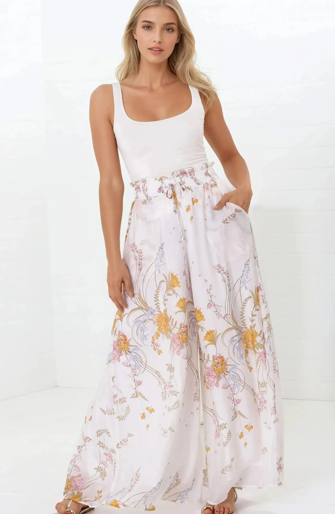 Charli Pants - Paper Bag High Waisted Wide Leg Pants in Sheree Print>Salty Crush Hot