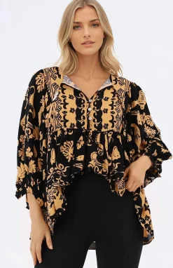 Chi Blouse - Balloon Sleeve Smock Blouse in Bronte Print>Salty Crush Hot